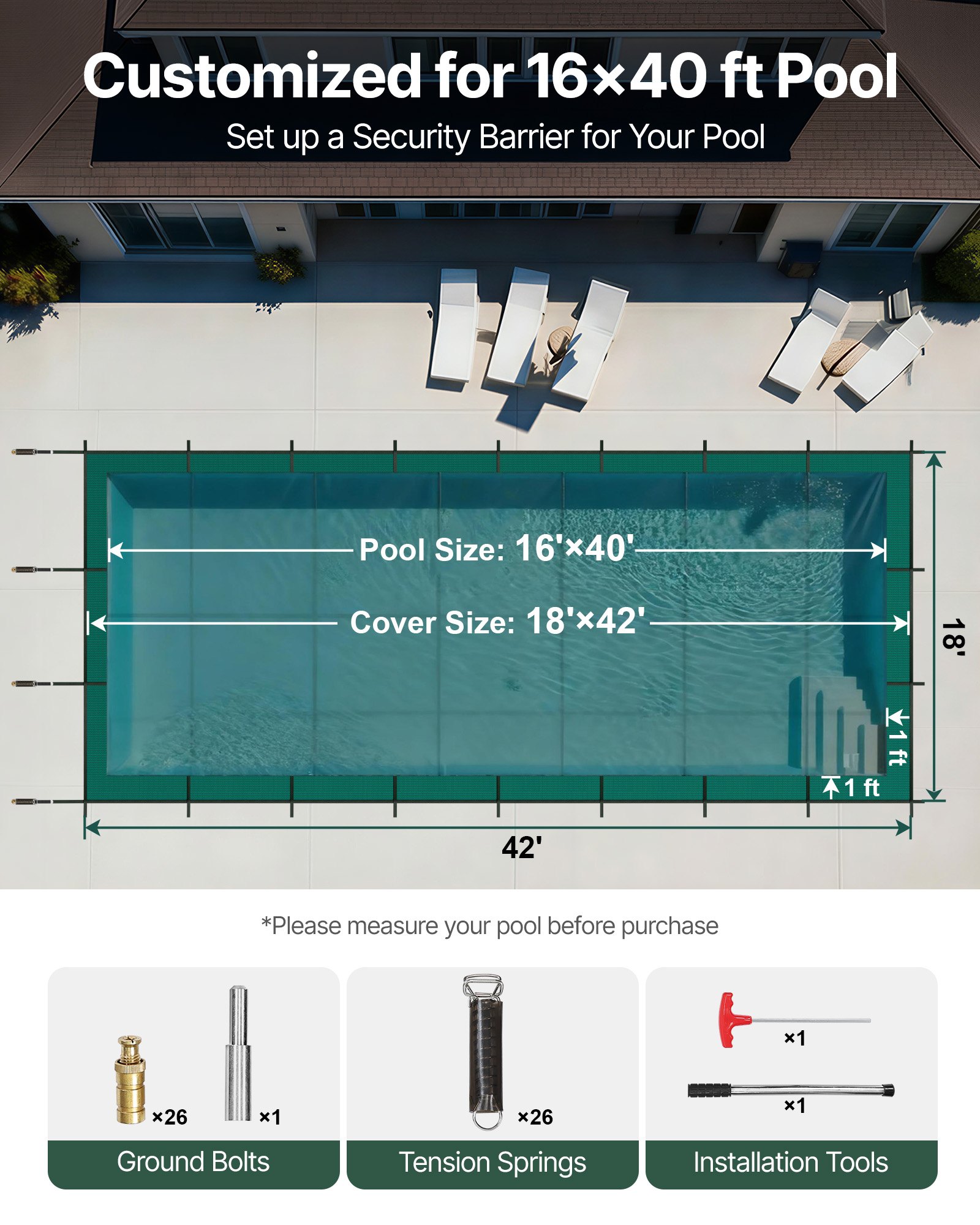 Cubierta de seguridad para piscina VEVOR, compatible con piscinas rectangulares enterradas de 4,8 x 12 m, con orificios de drenaje, de malla, para invierno, color verde