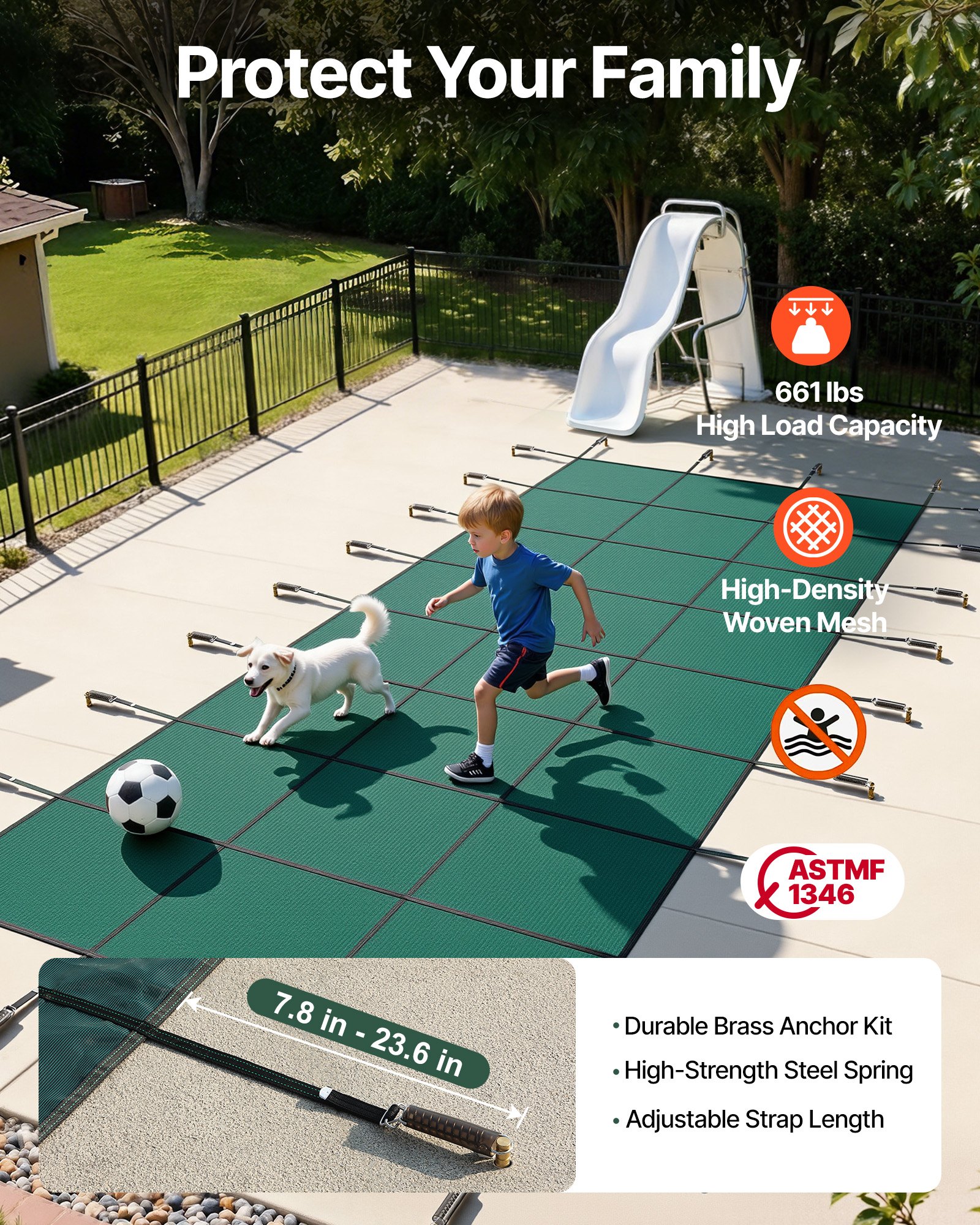 Cubierta de seguridad para piscina VEVOR, compatible con piscinas rectangulares enterradas de 4,8 x 12 m, con orificios de drenaje, de malla, para invierno, color verde