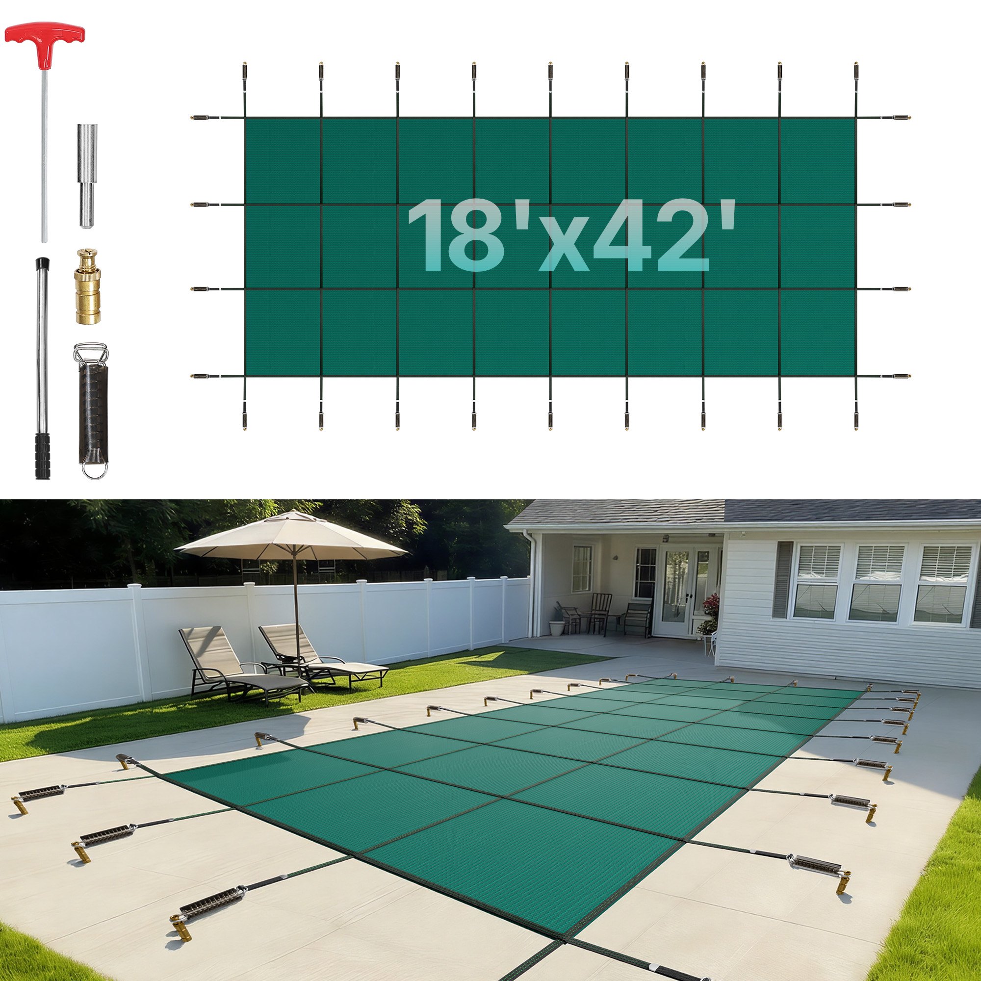 Cubierta de seguridad para piscina VEVOR, compatible con piscinas rectangulares enterradas de 4,8 x 12 m, con orificios de drenaje, de malla, para invierno, color verde