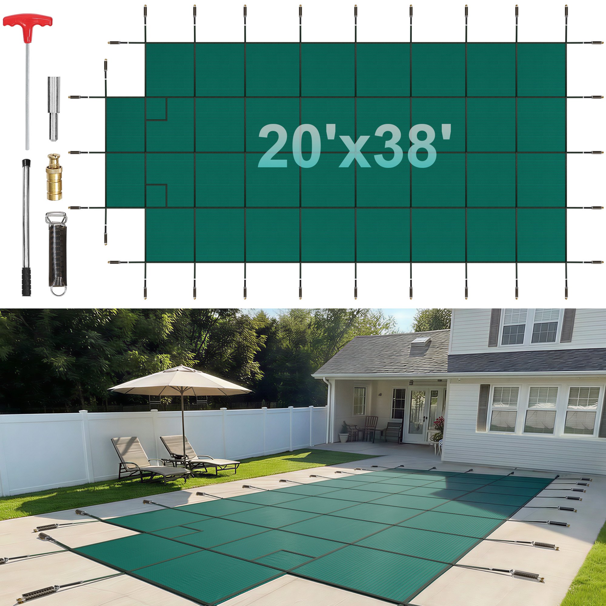Cubierta de seguridad para piscinas VEVOR, apta para piscinas enterradas rectangulares de 5,5 x 11 m, cubierta de seguridad con escalón central de 1,2 x 3 m, cubierta de malla sólida con orificios de drenaje para piscinas, cubierta de seguridad de invierno, color verde.