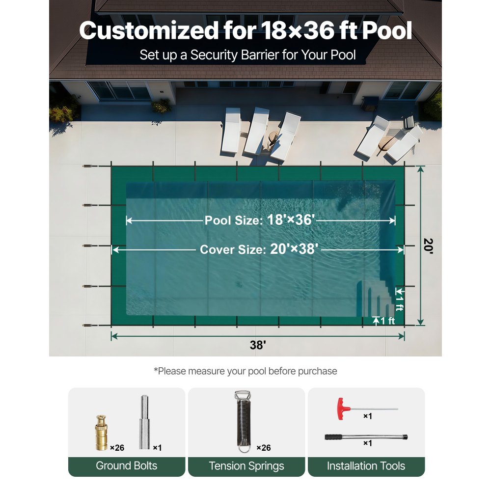 Cubierta de seguridad para piscina VEVOR, compatible con piscinas rectangulares enterradas de 5,5 x 11,9 m, con orificios de drenaje, de malla sólida, para invierno, color verde