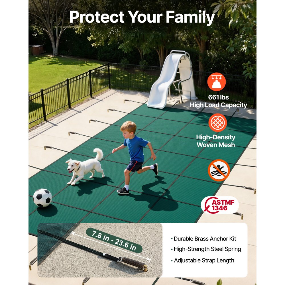 Cubierta de seguridad para piscina VEVOR, compatible con piscinas rectangulares enterradas de 5,5 x 11,9 m, con orificios de drenaje, de malla sólida, para invierno, color verde