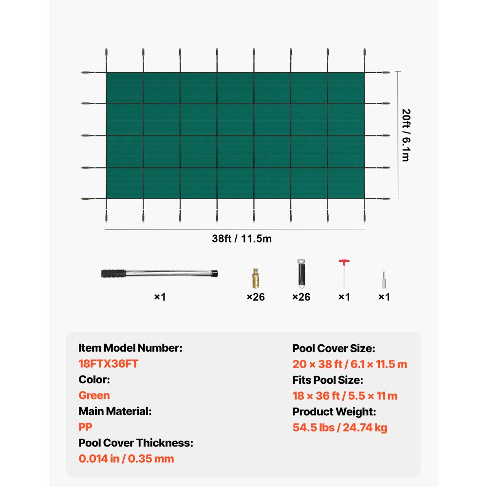 Cubierta de seguridad para piscina VEVOR, compatible con piscinas rectangulares enterradas de 5,5 x 11,9 m, con orificios de drenaje, de malla sólida, para invierno, color verde