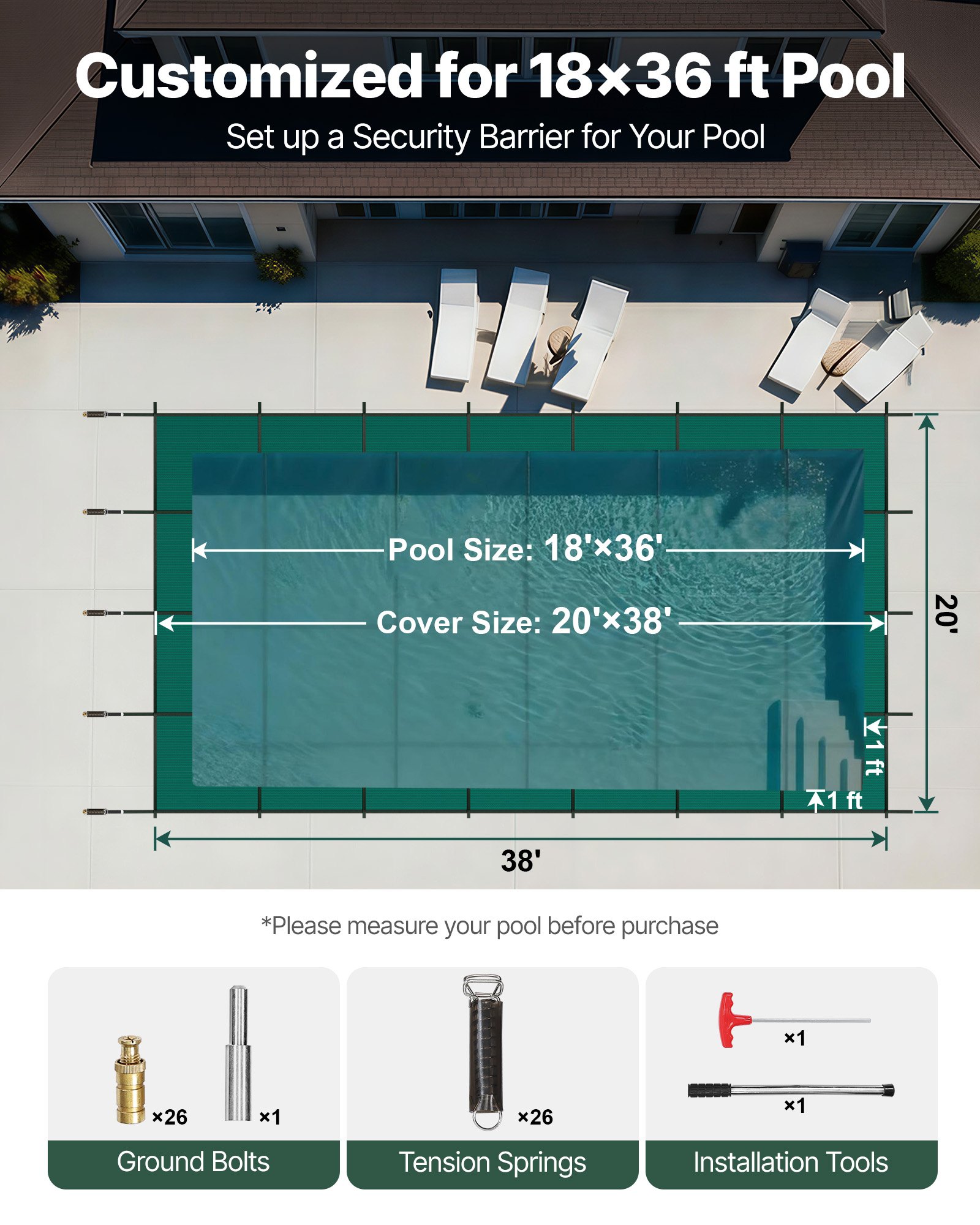 Cubierta de seguridad para piscina VEVOR, compatible con piscinas rectangulares enterradas de 5,5 x 11,9 m, con orificios de drenaje, de malla sólida, para invierno, color verde