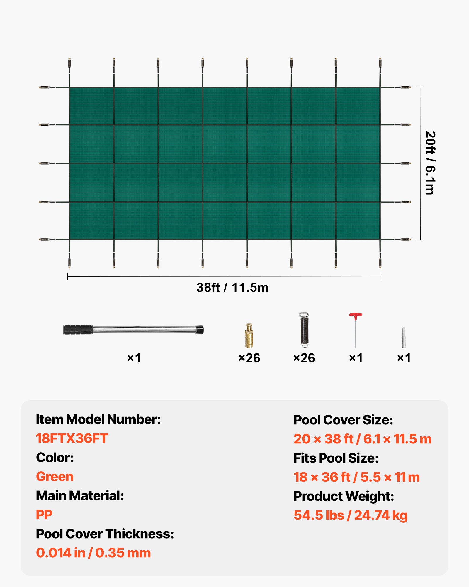 Cubierta de seguridad para piscina VEVOR, compatible con piscinas rectangulares enterradas de 5,5 x 11,9 m, con orificios de drenaje, de malla sólida, para invierno, color verde