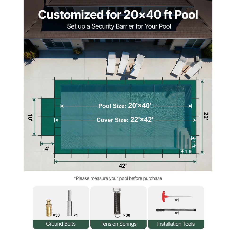Cubierta de seguridad para piscina VEVOR, compatible con piscinas rectangulares enterradas de 6 x 12 m, con escalón central de 1,2 x 3 m, malla sólida con orificios de drenaje, cubierta de seguridad para el invierno, color verde.