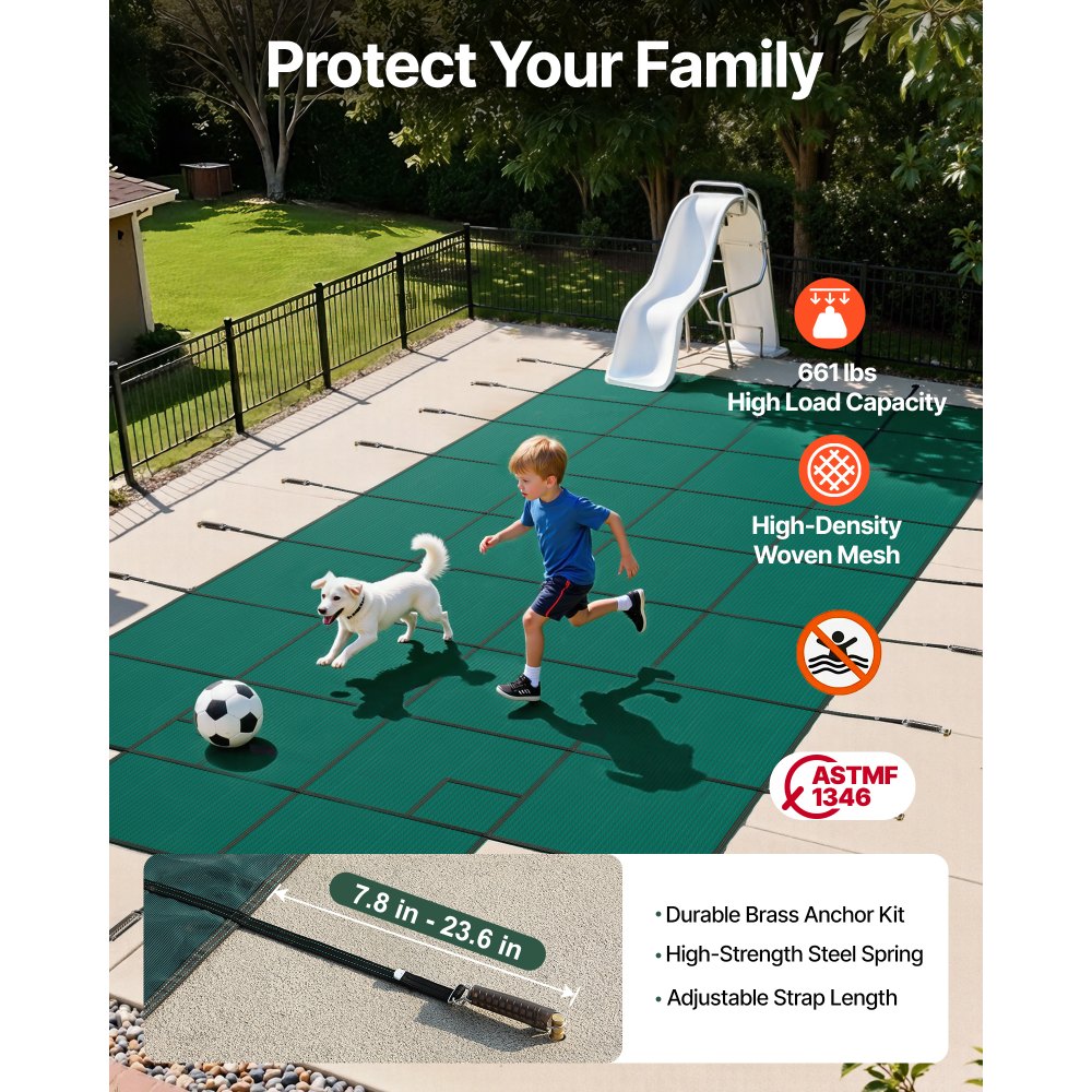 Cubierta de seguridad para piscina VEVOR, compatible con piscinas rectangulares enterradas de 6 x 12 m, con escalón central de 1,2 x 3 m, malla sólida con orificios de drenaje, cubierta de seguridad para el invierno, color verde.