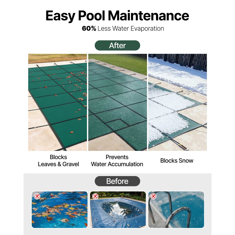 Cubierta de seguridad para piscina VEVOR, compatible con piscinas rectangulares enterradas de 6 x 12 m, con escalón central de 1,2 x 3 m, malla sólida con orificios de drenaje, cubierta de seguridad para el invierno, color verde.