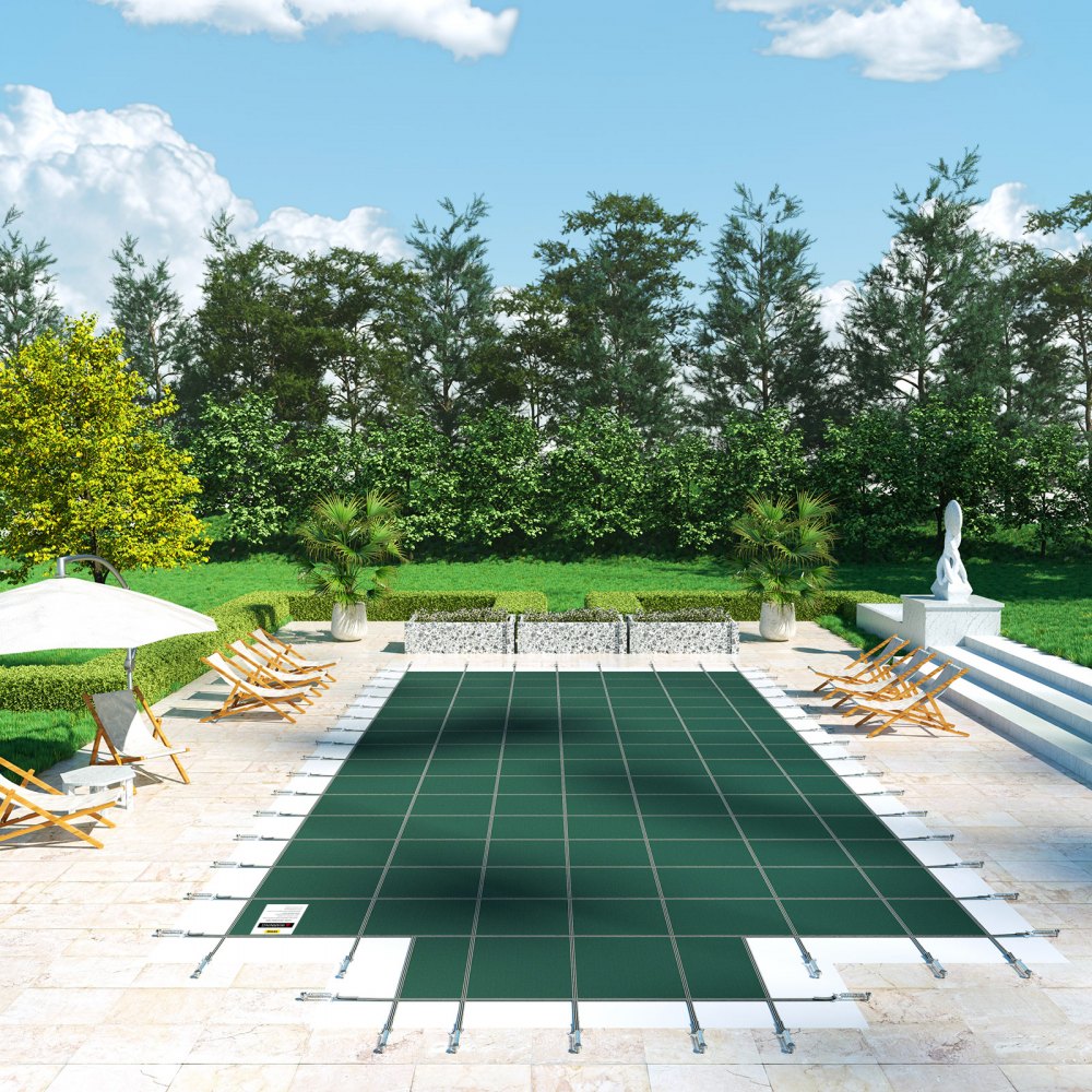 Cubierta de seguridad para piscina VEVOR, compatible con piscinas rectangulares enterradas de 6 x 12 m, con escalón central de 1,2 x 3 m, malla sólida con orificios de drenaje, cubierta de seguridad para el invierno, color verde.