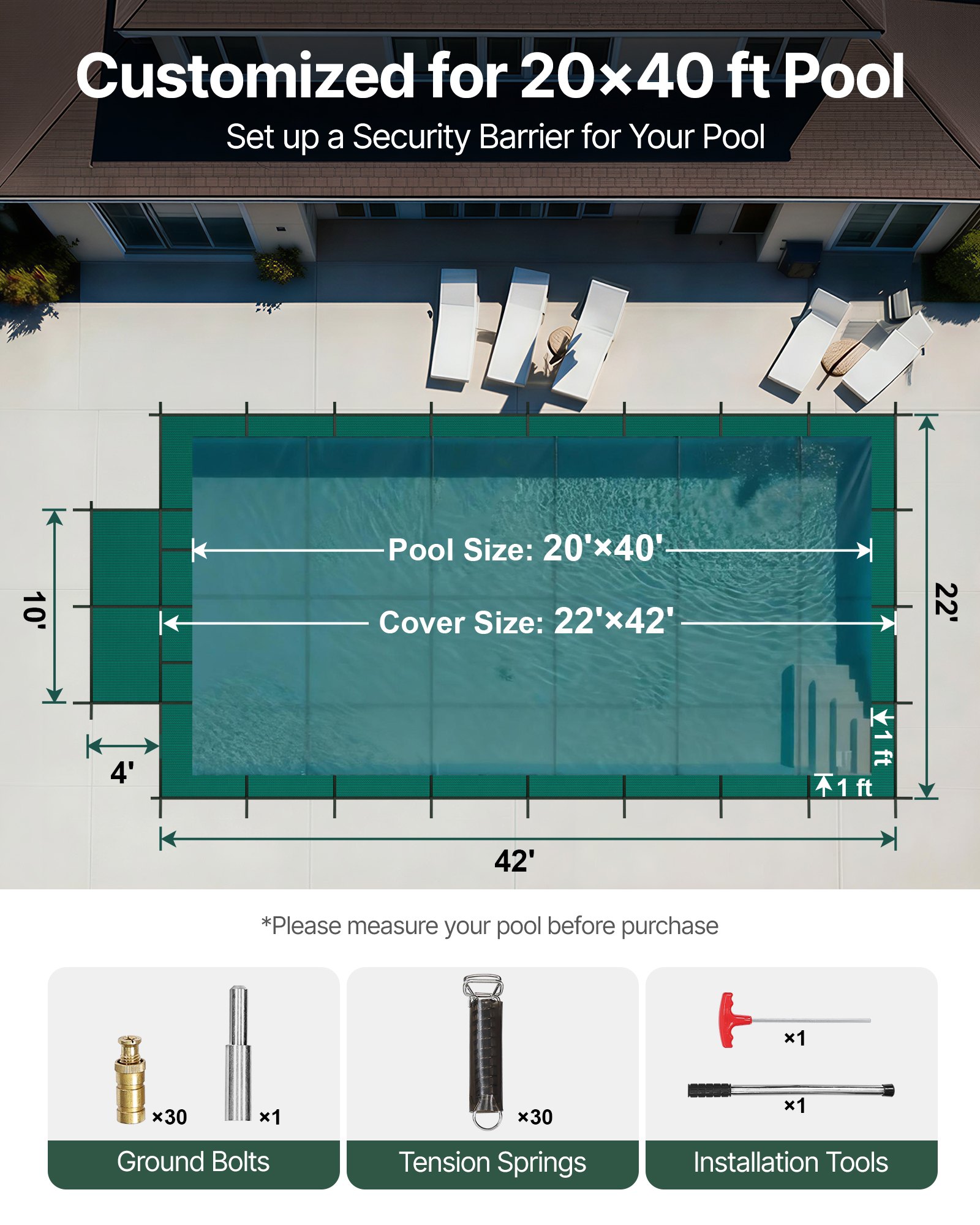Cubierta de seguridad para piscina VEVOR, compatible con piscinas rectangulares enterradas de 6 x 12 m, con escalón central de 1,2 x 3 m, malla sólida con orificios de drenaje, cubierta de seguridad para el invierno, color verde.