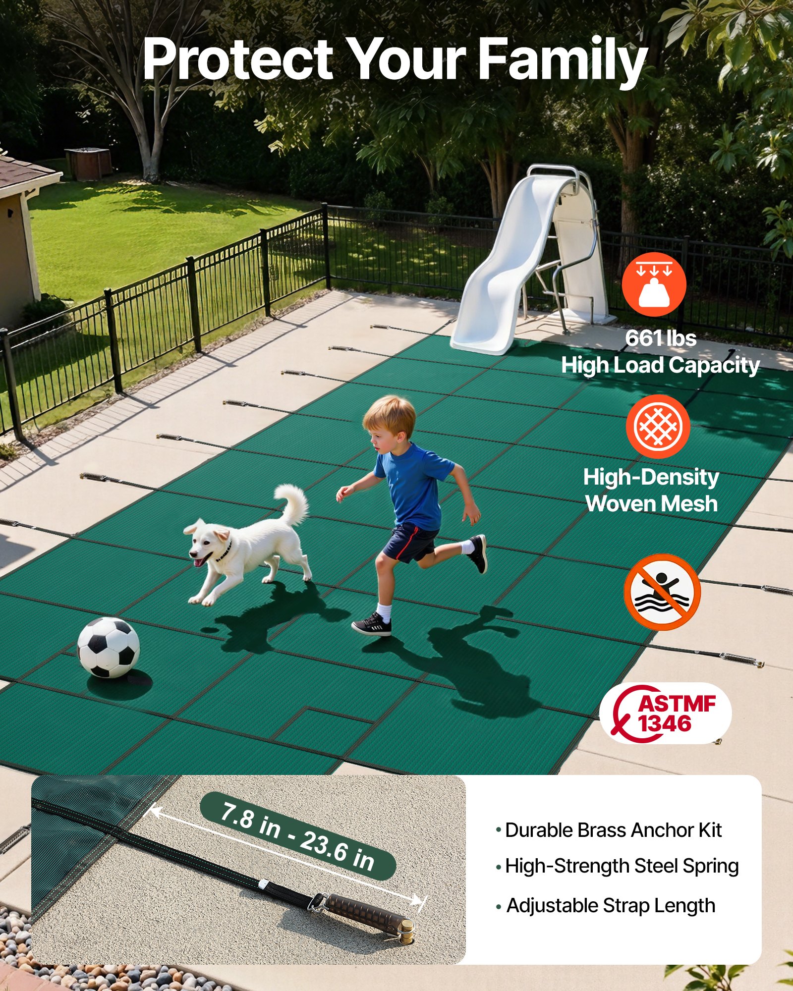 Cubierta de seguridad para piscina VEVOR, compatible con piscinas rectangulares enterradas de 6 x 12 m, con escalón central de 1,2 x 3 m, malla sólida con orificios de drenaje, cubierta de seguridad para el invierno, color verde.