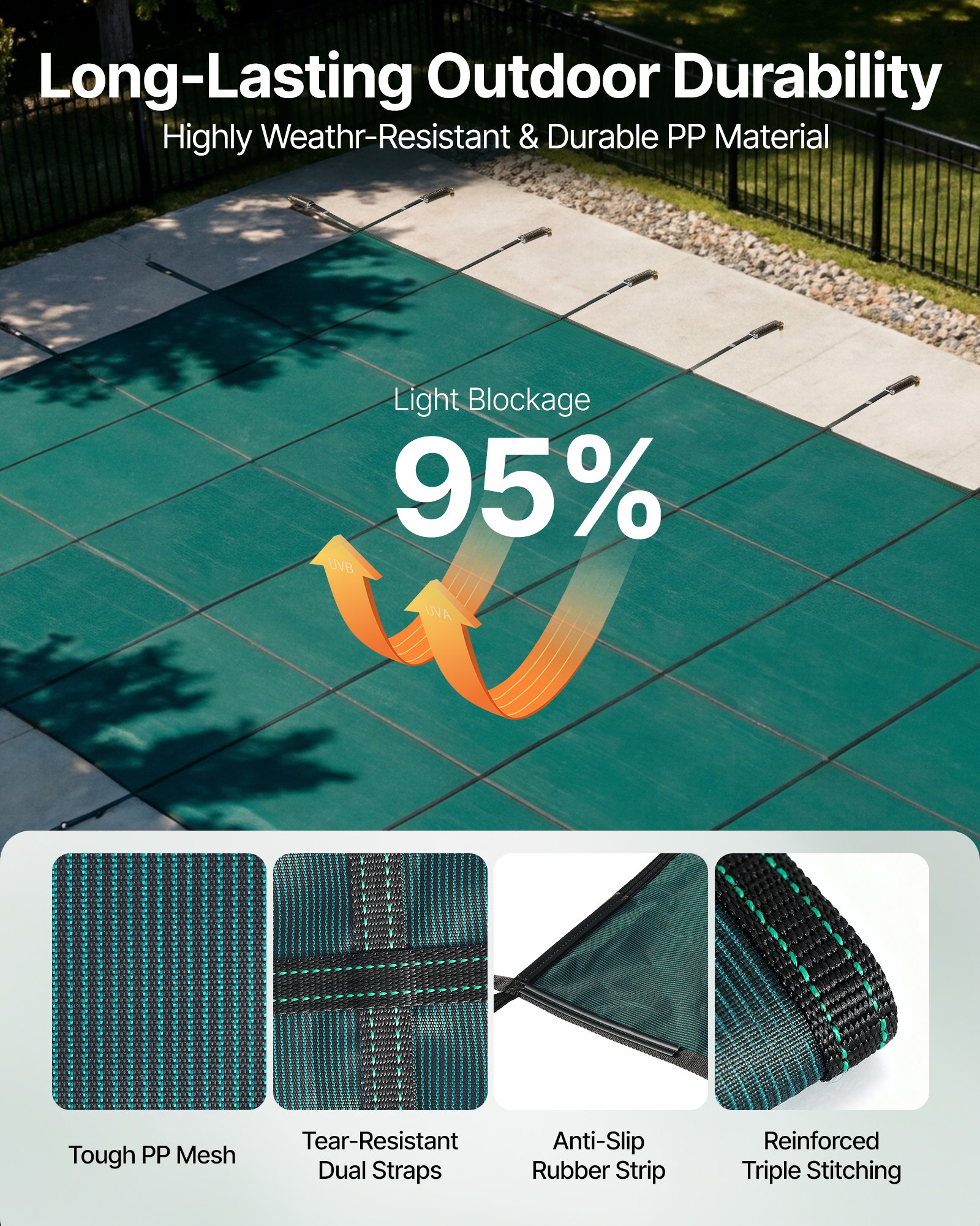 Cubierta de seguridad para piscina VEVOR, compatible con piscinas rectangulares enterradas de 6 x 12 m, con escalón central de 1,2 x 3 m, malla sólida con orificios de drenaje, cubierta de seguridad para el invierno, color verde.