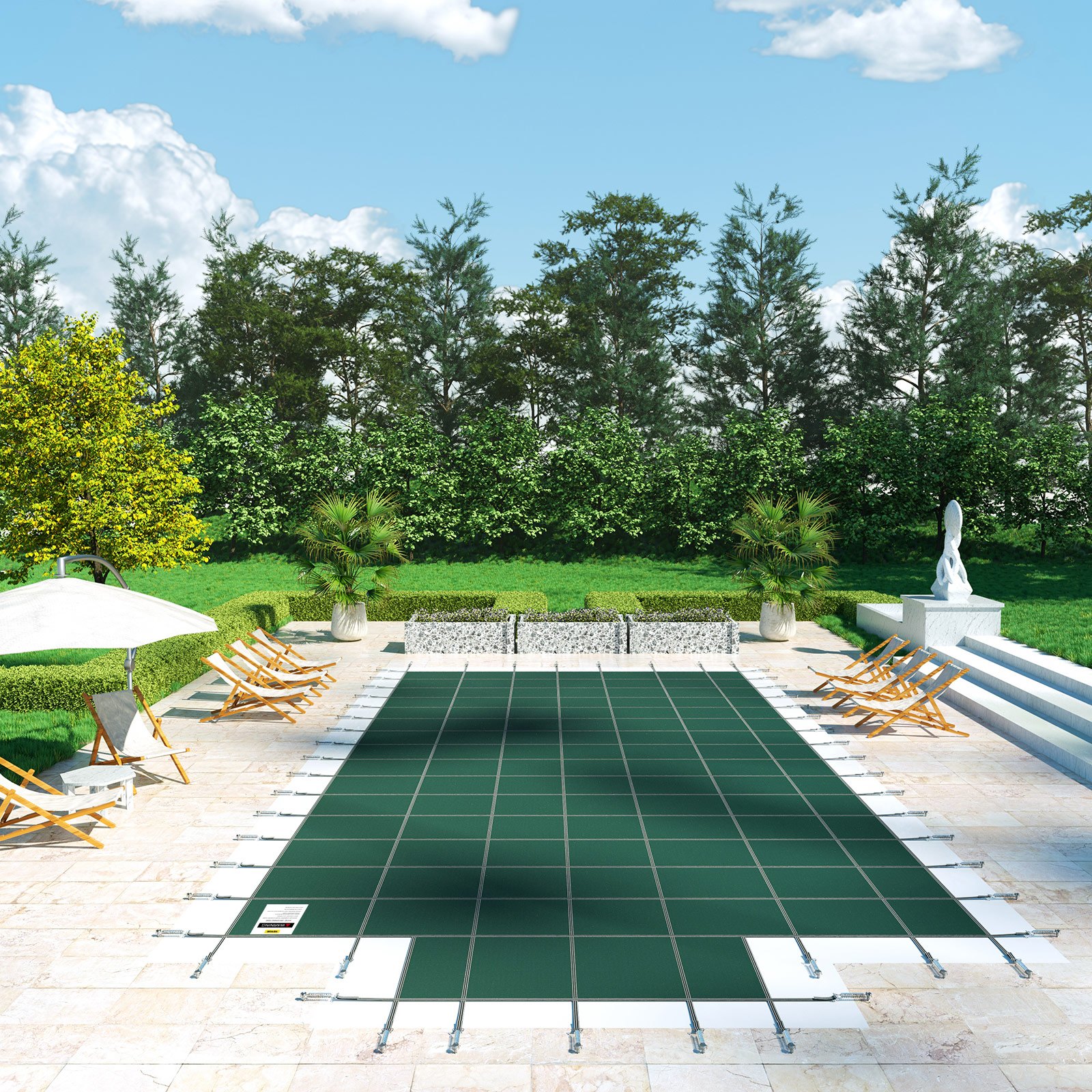Cubierta de seguridad para piscina VEVOR, compatible con piscinas rectangulares enterradas de 6 x 12 m, con escalón central de 1,2 x 3 m, malla sólida con orificios de drenaje, cubierta de seguridad para el invierno, color verde.