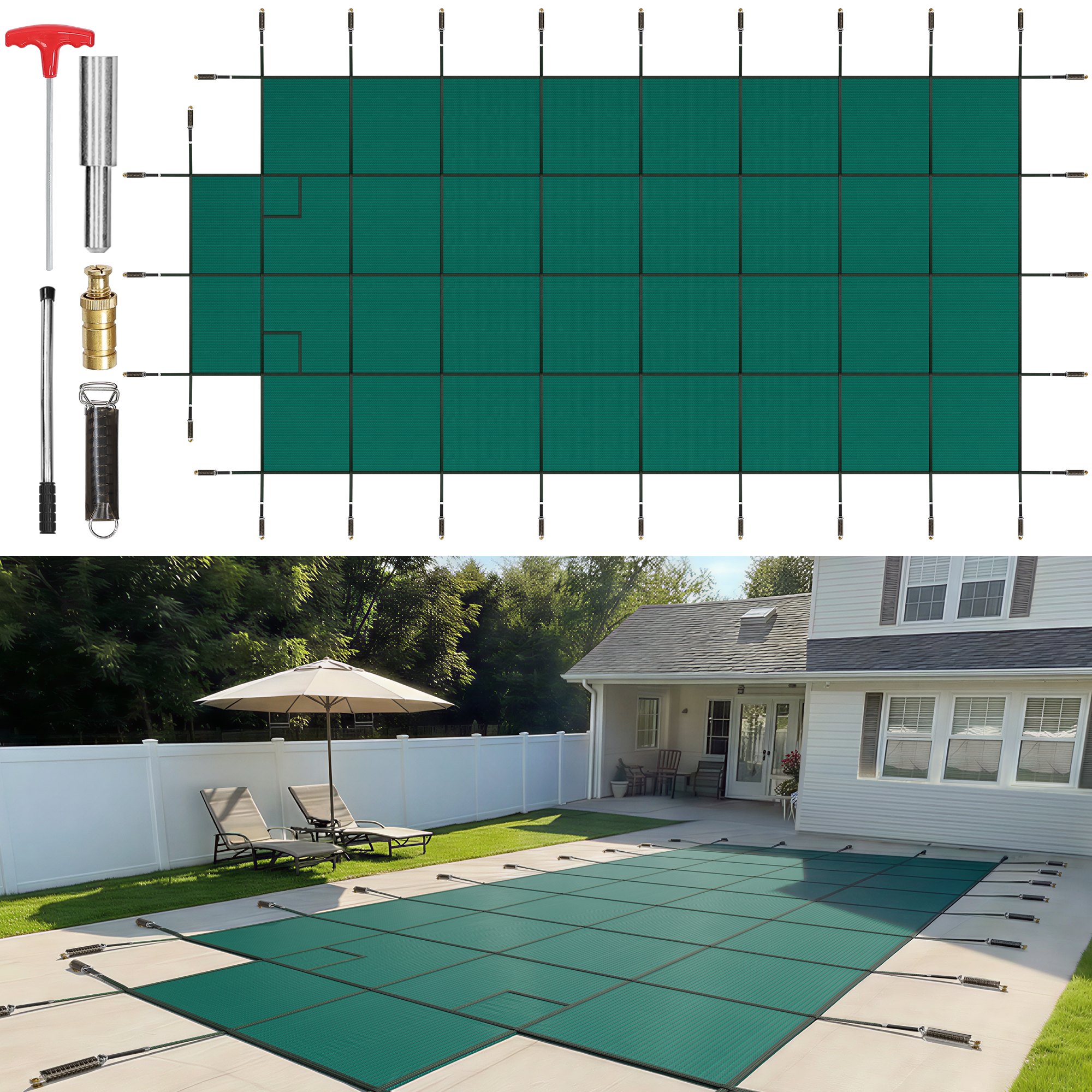 Cubierta de seguridad para piscina VEVOR, compatible con piscinas rectangulares enterradas de 6 x 12 m, con escalón central de 1,2 x 3 m, malla sólida con orificios de drenaje, cubierta de seguridad para el invierno, color verde.