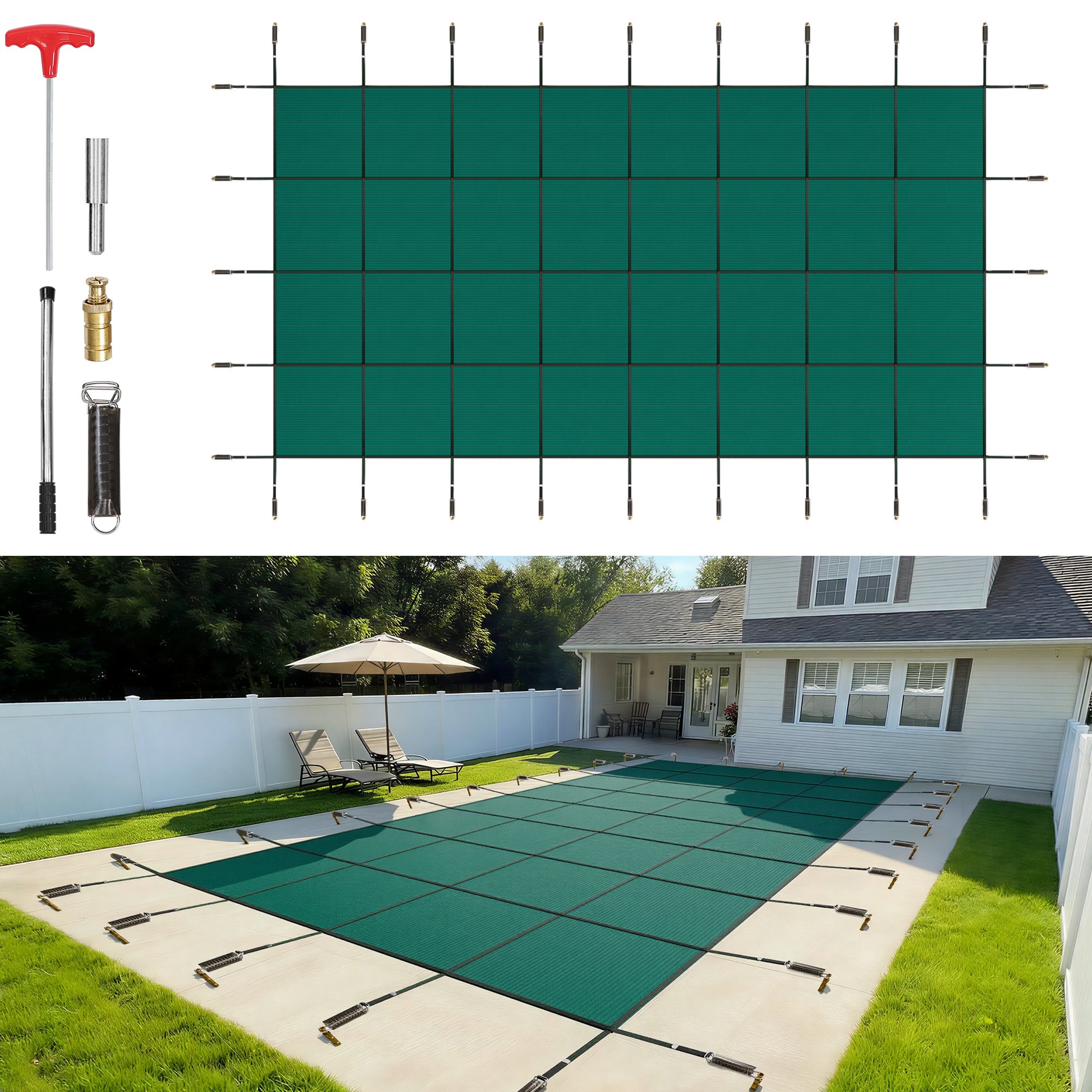 Cubierta de seguridad para piscinas VEVOR, apta para piscinas rectangulares enterradas de 6 x 12 metros, cubierta de seguridad con orificios de drenaje, cubierta de malla sólida para piscinas, cubierta de seguridad de invierno, color verde.