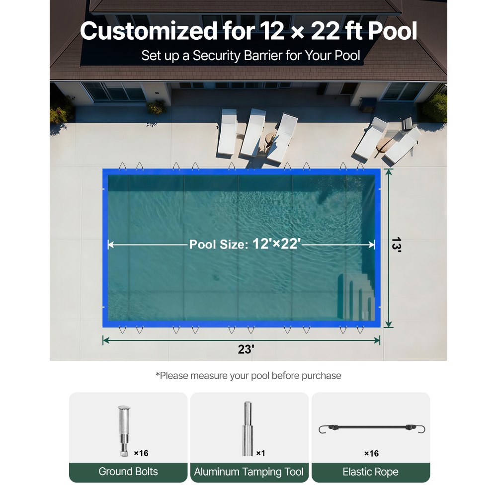 VEVOR Cubierta de seguridad para piscinas rectangulares de 12 x 22 pies, cubierta de seguridad para piscina con agujeros de drenaje, cubierta de malla para piscina, cubierta de seguridad de invierno d