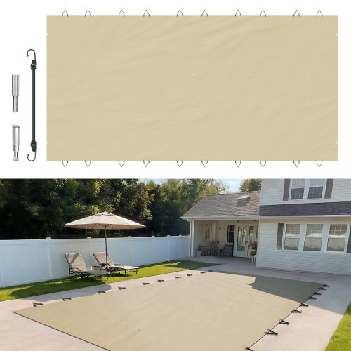 Cubierta de seguridad para piscinas VEVOR, apta para piscinas rectangulares enterradas de 3,6 x 7,6 m (12 x 25 pies), cubierta de seguridad con orificios de drenaje, cubierta de malla para piscinas, cubierta de seguridad de invierno de PVC, color beige.