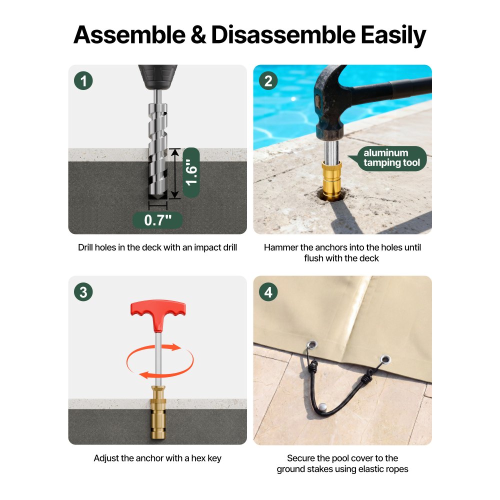 Cubierta de seguridad para piscinas VEVOR, apta para piscinas rectangulares enterradas de 3,6 x 7,6 m (12 x 25 pies), cubierta de seguridad con orificios de drenaje, cubierta de malla para piscinas, cubierta de seguridad de invierno de PVC, color beige.
