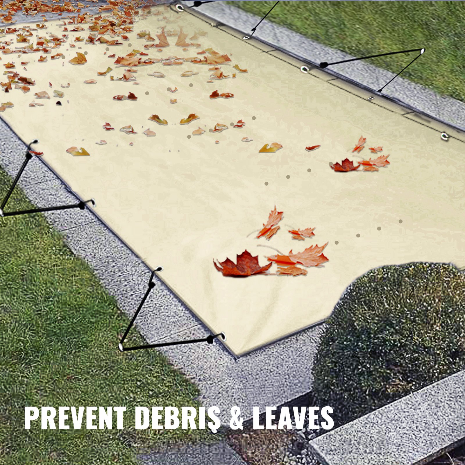 VEVOR Pool Safety Cover Fits 12x25ft Rectangle Inground Pools, Safety Pool Cover with Drainage Holes, Mesh Pool Cover for Swimming Pool, PVC Winter Safety Cover, Beige