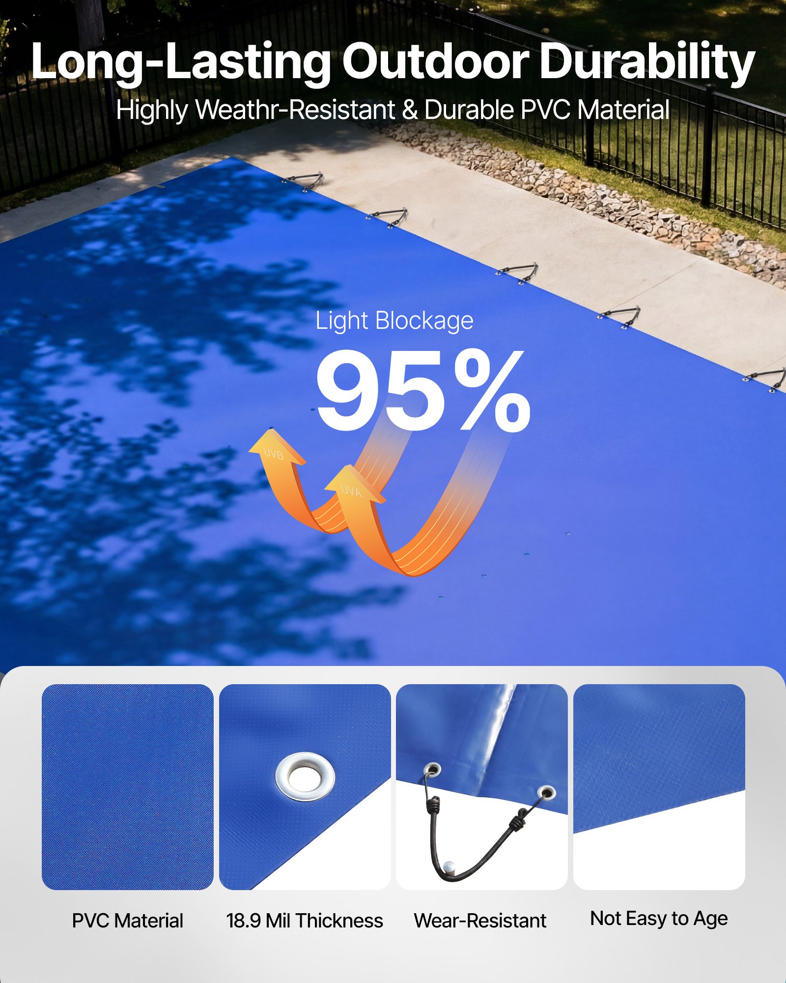 VEVOR Pool Safety Cover Fits 12x25ft Rectangle Inground Pools, Safety Pool Cover with Drainage Holes, Mesh Pool Cover for Swimming Pool, PVC Winter Safety Cover, Blue