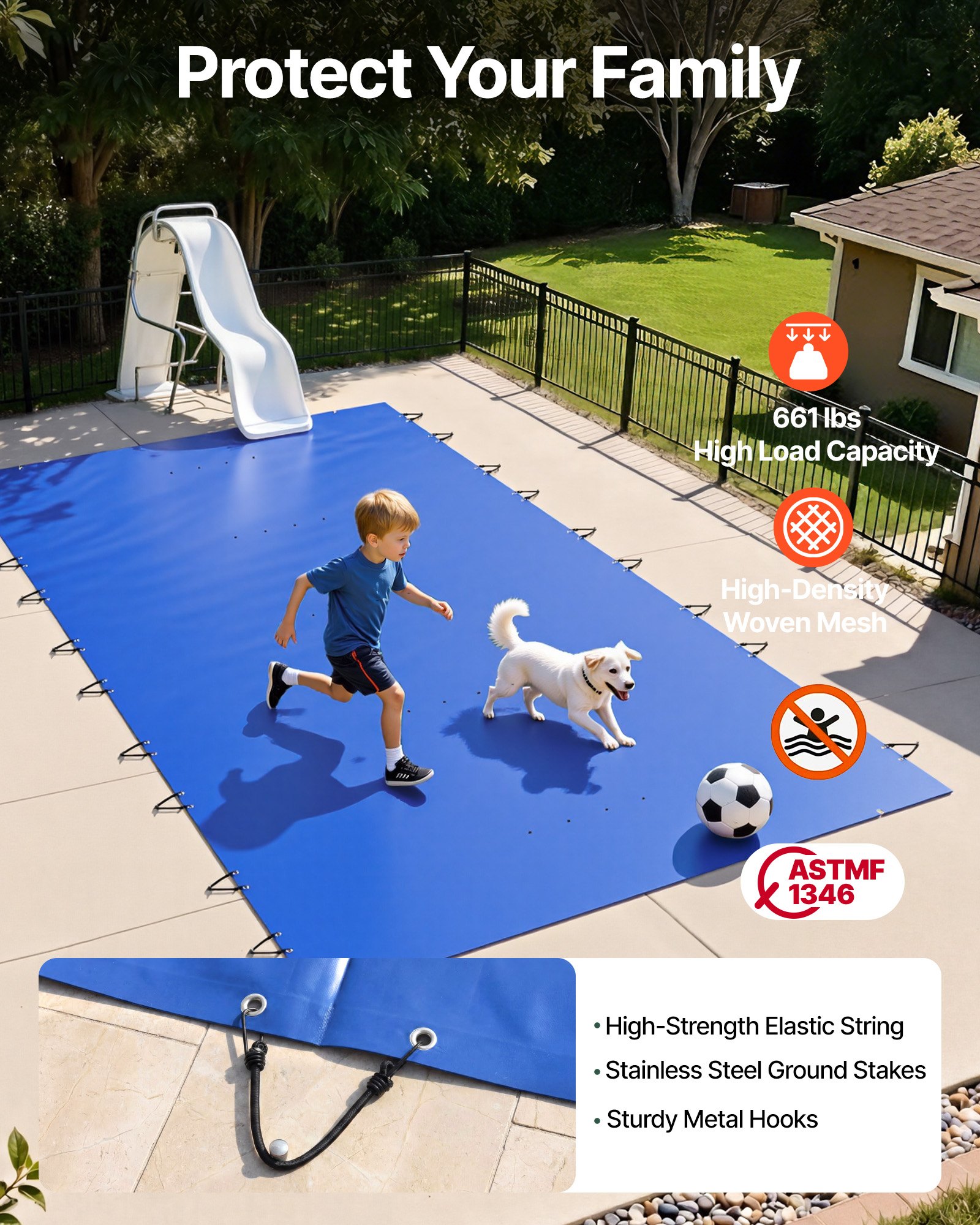 VEVOR Pool Safety Cover Fits 12x25ft Rectangle Inground Pools, Safety Pool Cover with Drainage Holes, Mesh Pool Cover for Swimming Pool, PVC Winter Safety Cover, Blue