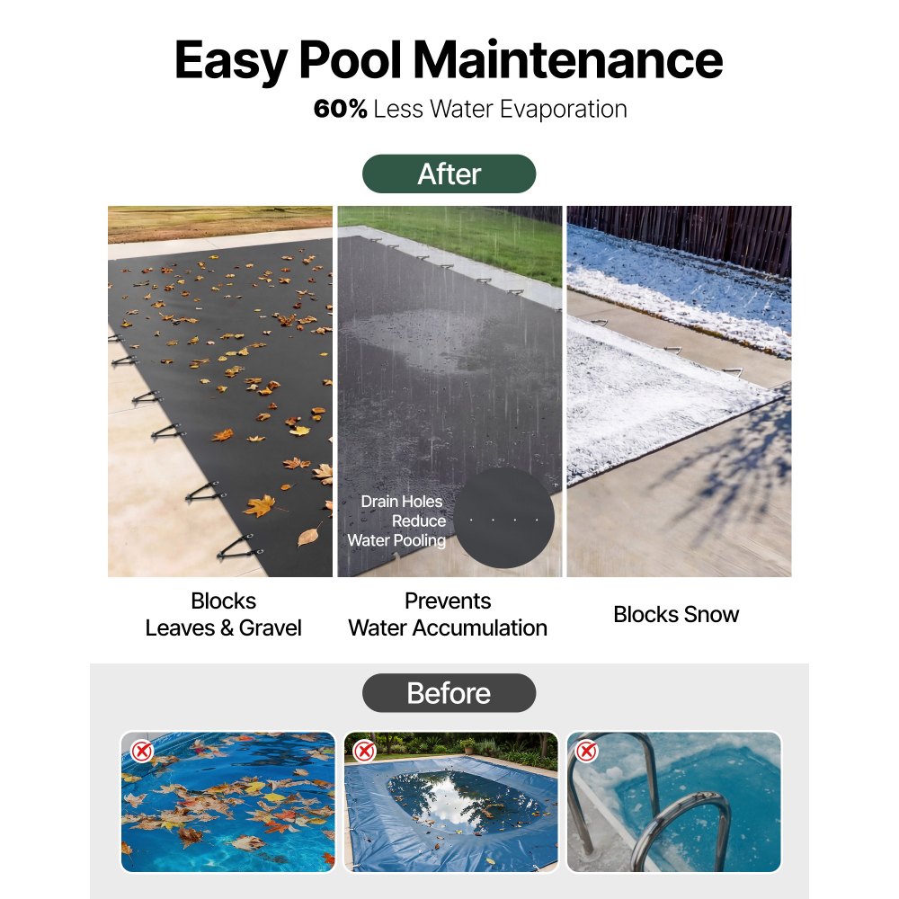 VEVOR Cubierta de Seguridad para Piscina 4 x 8 m Cobertor de Piscina Tamaño de Piscina 3,7 x 7,7 m, con 24 Tornillos de Tierra, para Todo Tipo de Piscinas como Hogar, Jardín, Hotel, Color Negro