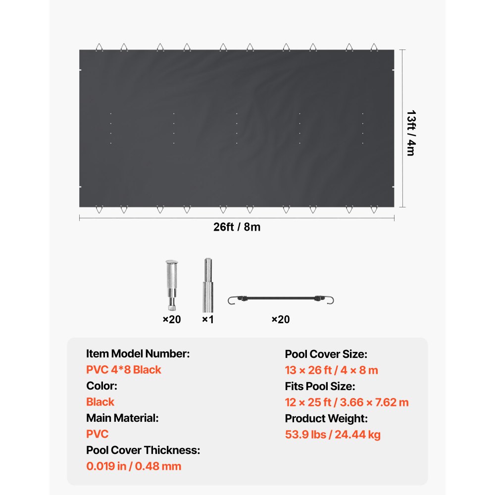 VEVOR Cubierta de Seguridad para Piscina 4 x 8 m Cobertor de Piscina Tamaño de Piscina 3,7 x 7,7 m, con 24 Tornillos de Tierra, para Todo Tipo de Piscinas como Hogar, Jardín, Hotel, Color Negro