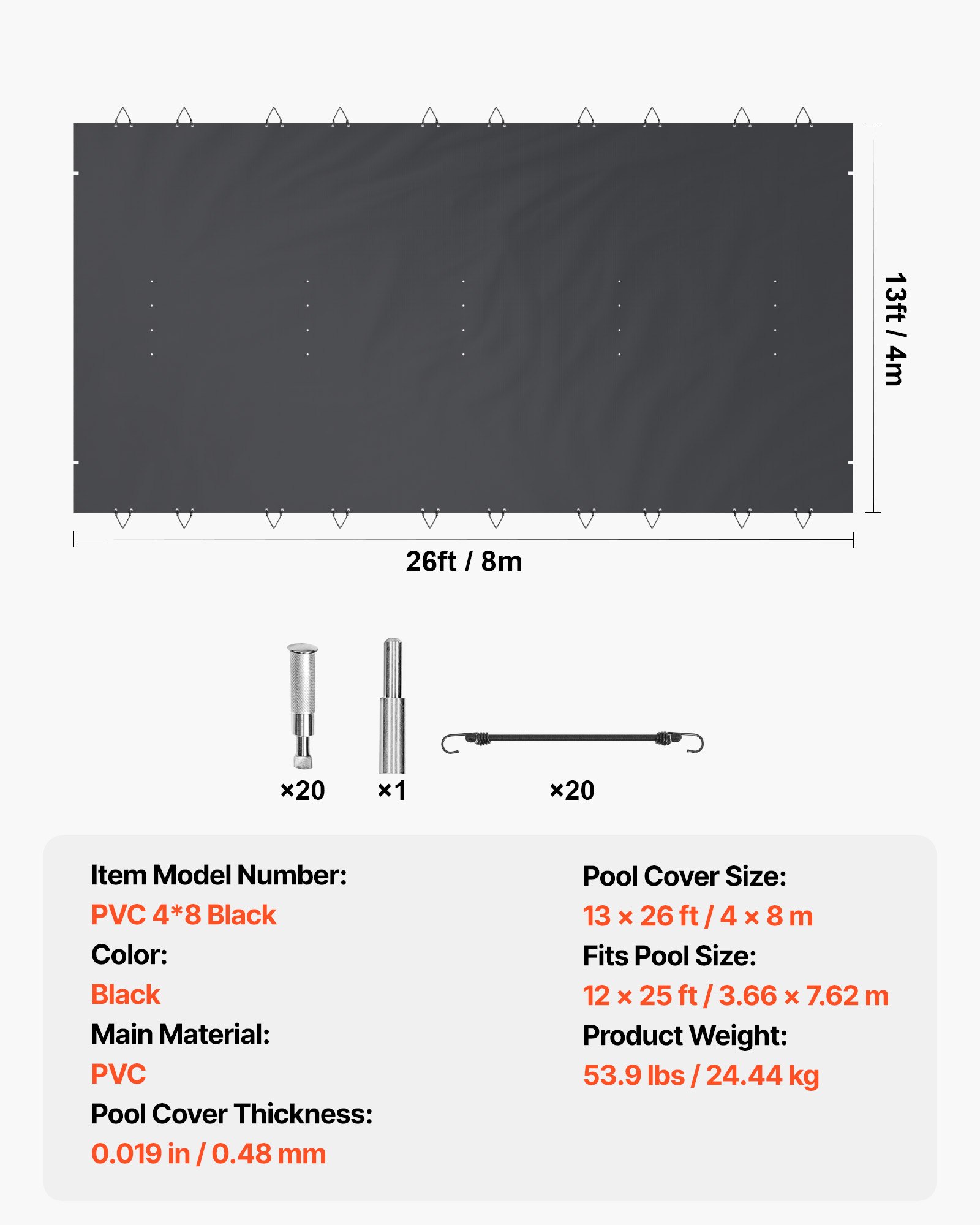 VEVOR Cubierta de Seguridad para Piscina 4 x 8 m Cobertor de Piscina Tamaño de Piscina 3,7 x 7,7 m, con 24 Tornillos de Tierra, para Todo Tipo de Piscinas como Hogar, Jardín, Hotel, Color Negro
