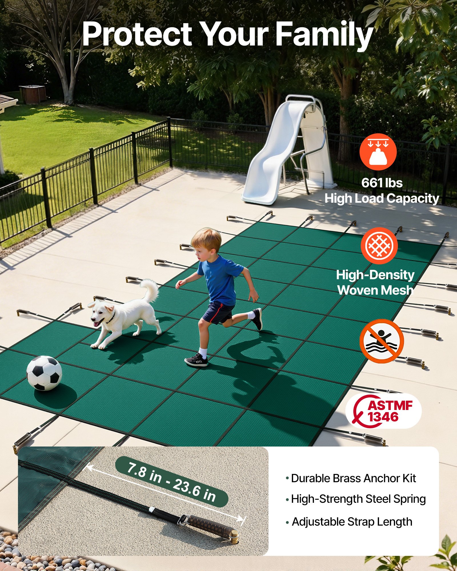 VEVOR - Cubierta de seguridad para piscina enterrada (6 m x 11,5 m), rectangular, con escalón derecho, triple costura, malla PP de alta resistencia, buena permeabilidad a la lluvia, incluye herrajes de instalación.