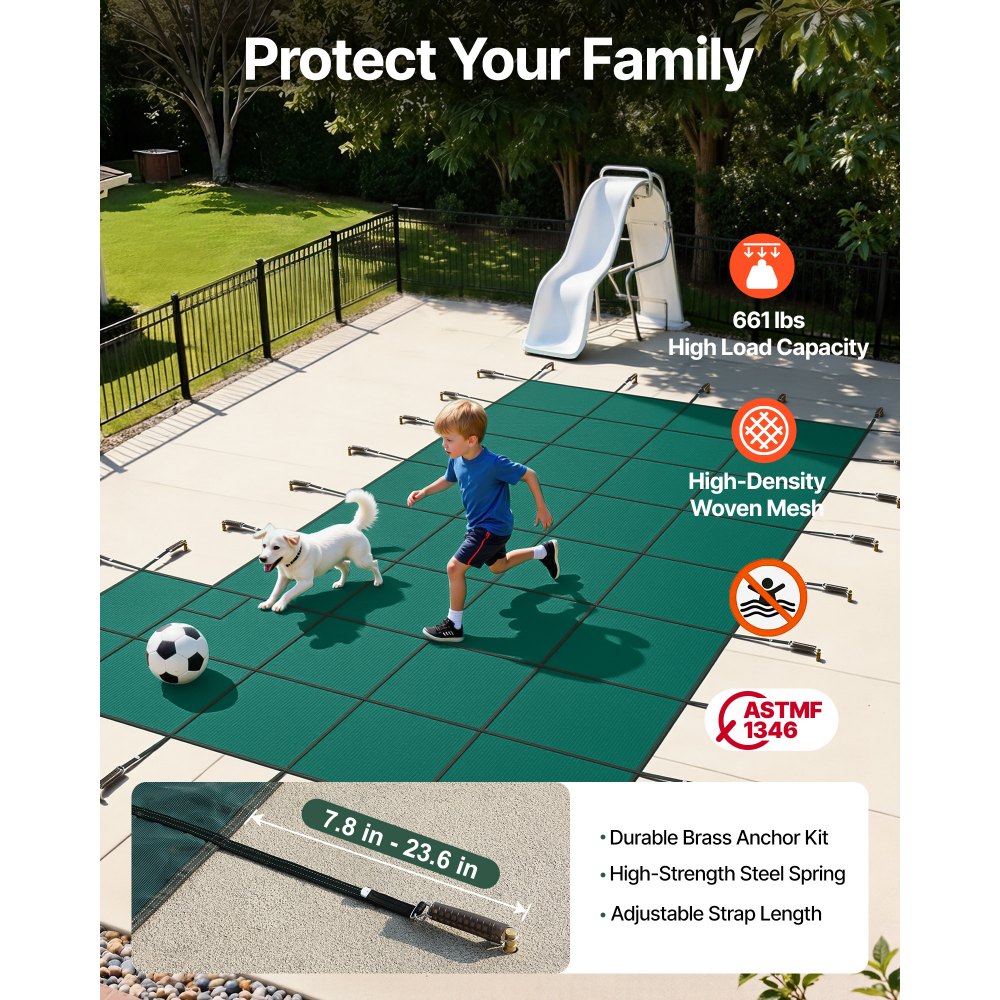 Cubierta de seguridad para piscina enterrada VEVOR, compatible con piscina rectangular de invierno de 6 m x 12 m con escalón derecho, triple costura, malla PP de alta resistencia, buena permeabilidad a la lluvia, incluye herrajes de instalación.