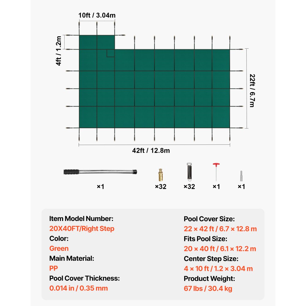 Cubierta de seguridad para piscina enterrada VEVOR, compatible con piscina rectangular de invierno de 6 m x 12 m con escalón derecho, triple costura, malla PP de alta resistencia, buena permeabilidad a la lluvia, incluye herrajes de instalación.