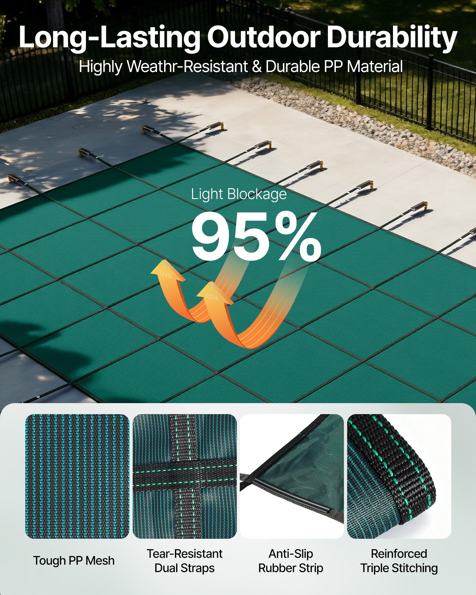 Cubierta de seguridad para piscina enterrada VEVOR, compatible con piscina rectangular de invierno de 6 m x 12 m con escalón derecho, triple costura, malla PP de alta resistencia, buena permeabilidad a la lluvia, incluye herrajes de instalación.