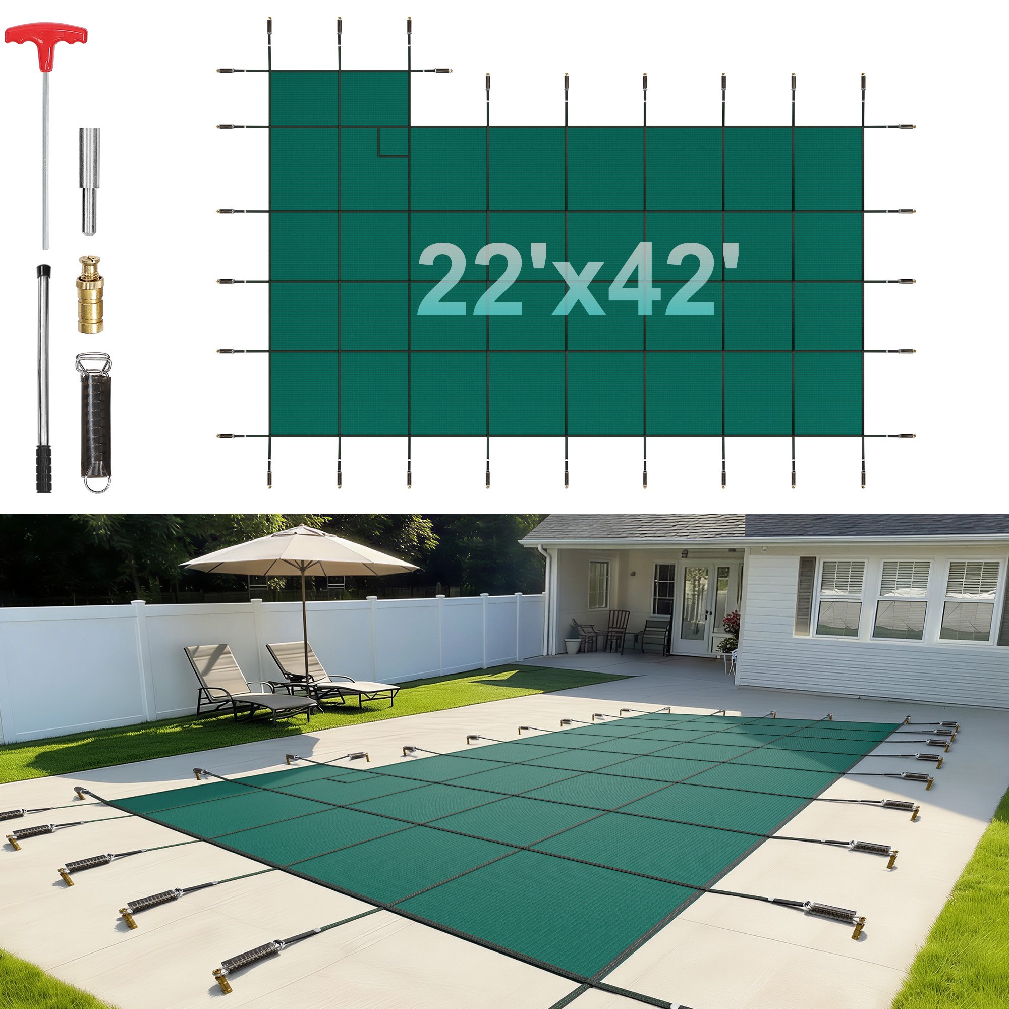 Cubierta de seguridad para piscina enterrada VEVOR, compatible con piscina rectangular de invierno de 6 m x 12 m con escalón derecho, triple costura, malla PP de alta resistencia, buena permeabilidad a la lluvia, incluye herrajes de instalación.