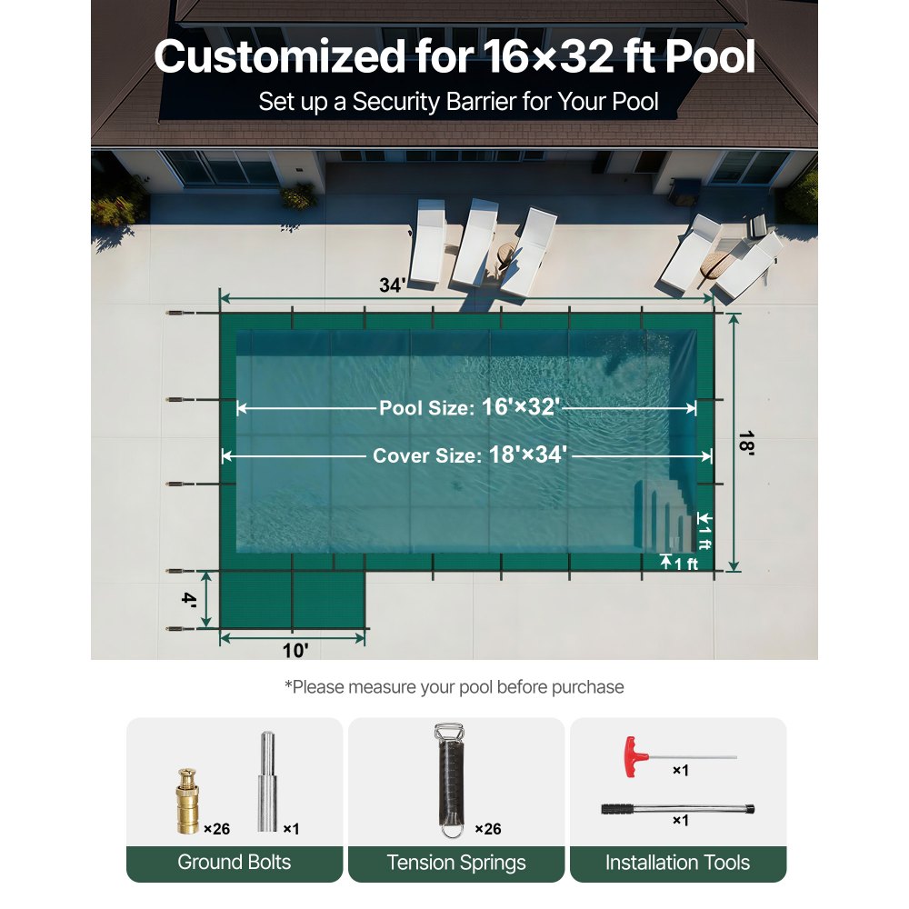 VEVOR - Cubierta de seguridad para piscina enterrada (5,5 m x 10,3 m), rectangular, con escalón izquierdo, triple costura, malla PP de alta resistencia, buena permeabilidad a la lluvia, incluye herrajes de instalación.