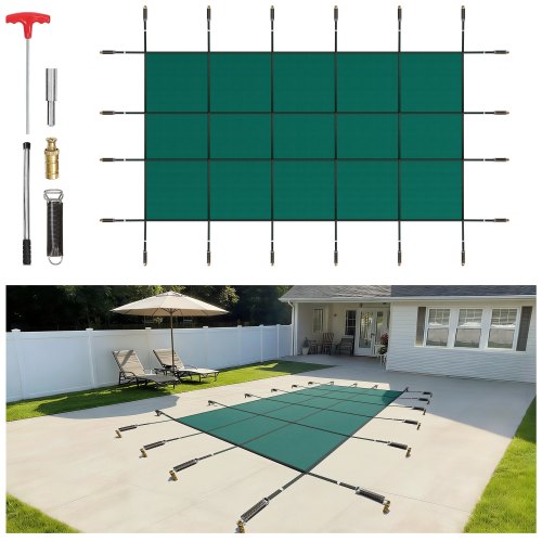 Cubierta de seguridad para piscinas enterradas VEVOR, rectangular, de 4,27 m x 7,99 m (14 pies x 26 pies), con triple costura, fabricada en malla de PP de alta resistencia con buena permeabilidad a la lluvia. Incluye accesorios de instalación. Color verde.