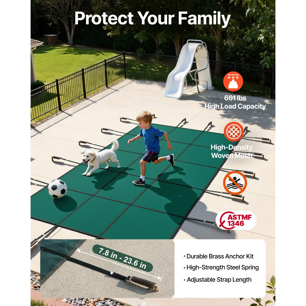 VEVOR - Cubierta de seguridad para piscina enterrada (4,2 m x 8,9 m), rectangular, para invierno, con triple costura, malla PP de alta resistencia y buena permeabilidad a la lluvia, incluye herrajes de instalación, color verde
