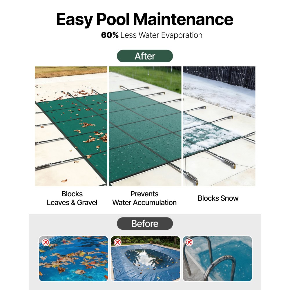 VEVOR - Cubierta de seguridad para piscina enterrada (4,2 m x 8,9 m), rectangular, para invierno, con triple costura, malla PP de alta resistencia y buena permeabilidad a la lluvia, incluye herrajes de instalación, color verde