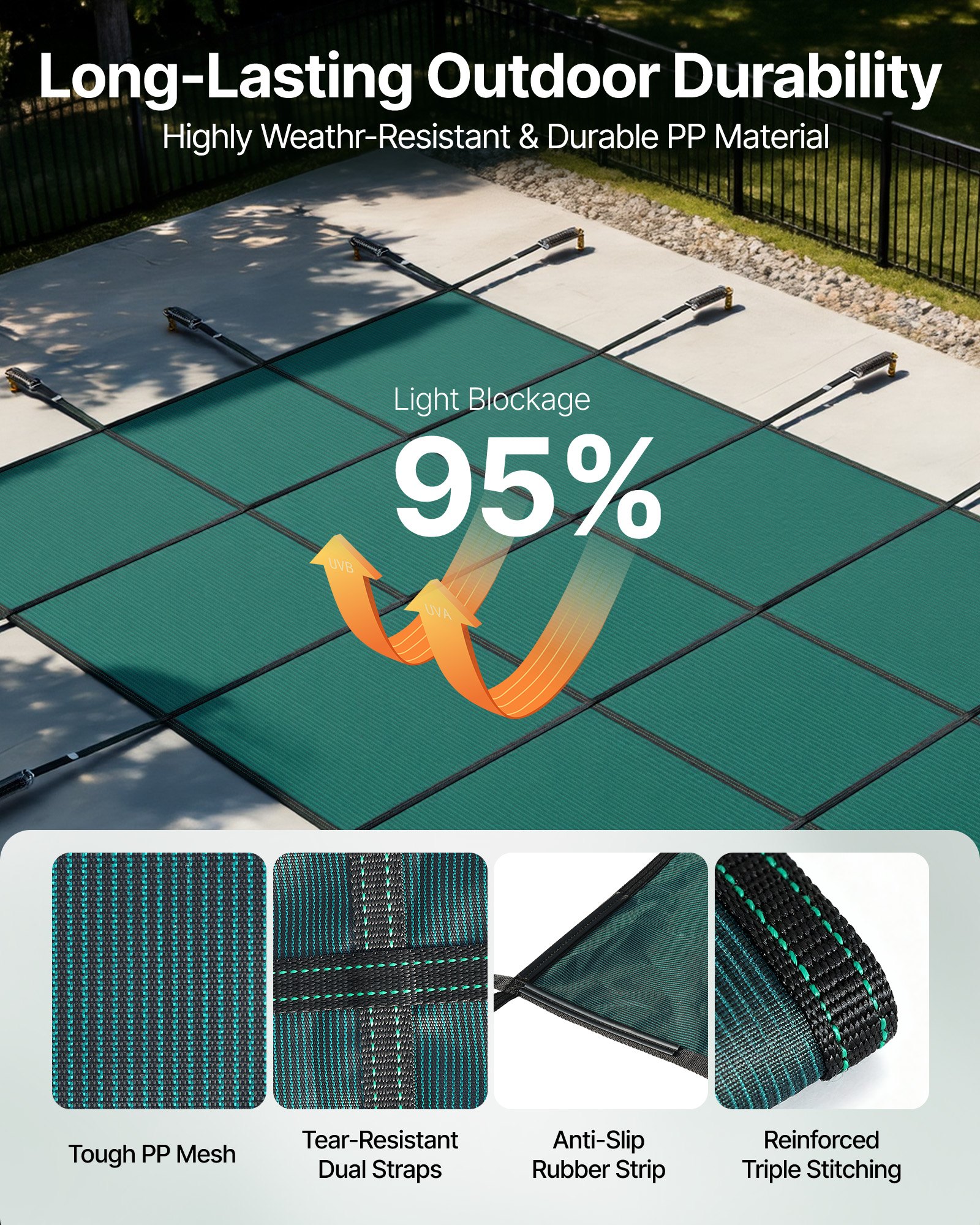 VEVOR - Cubierta de seguridad para piscina enterrada (4,2 m x 8,9 m), rectangular, para invierno, con triple costura, malla PP de alta resistencia y buena permeabilidad a la lluvia, incluye herrajes de instalación, color verde