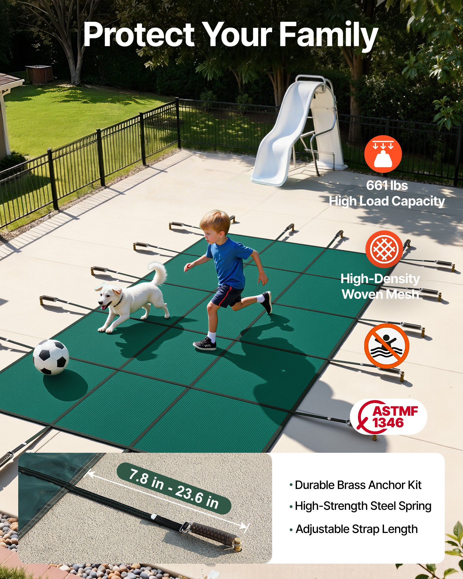 VEVOR - Cubierta de seguridad para piscina enterrada (4,2 m x 8,9 m), rectangular, para invierno, con triple costura, malla PP de alta resistencia y buena permeabilidad a la lluvia, incluye herrajes de instalación, color verde