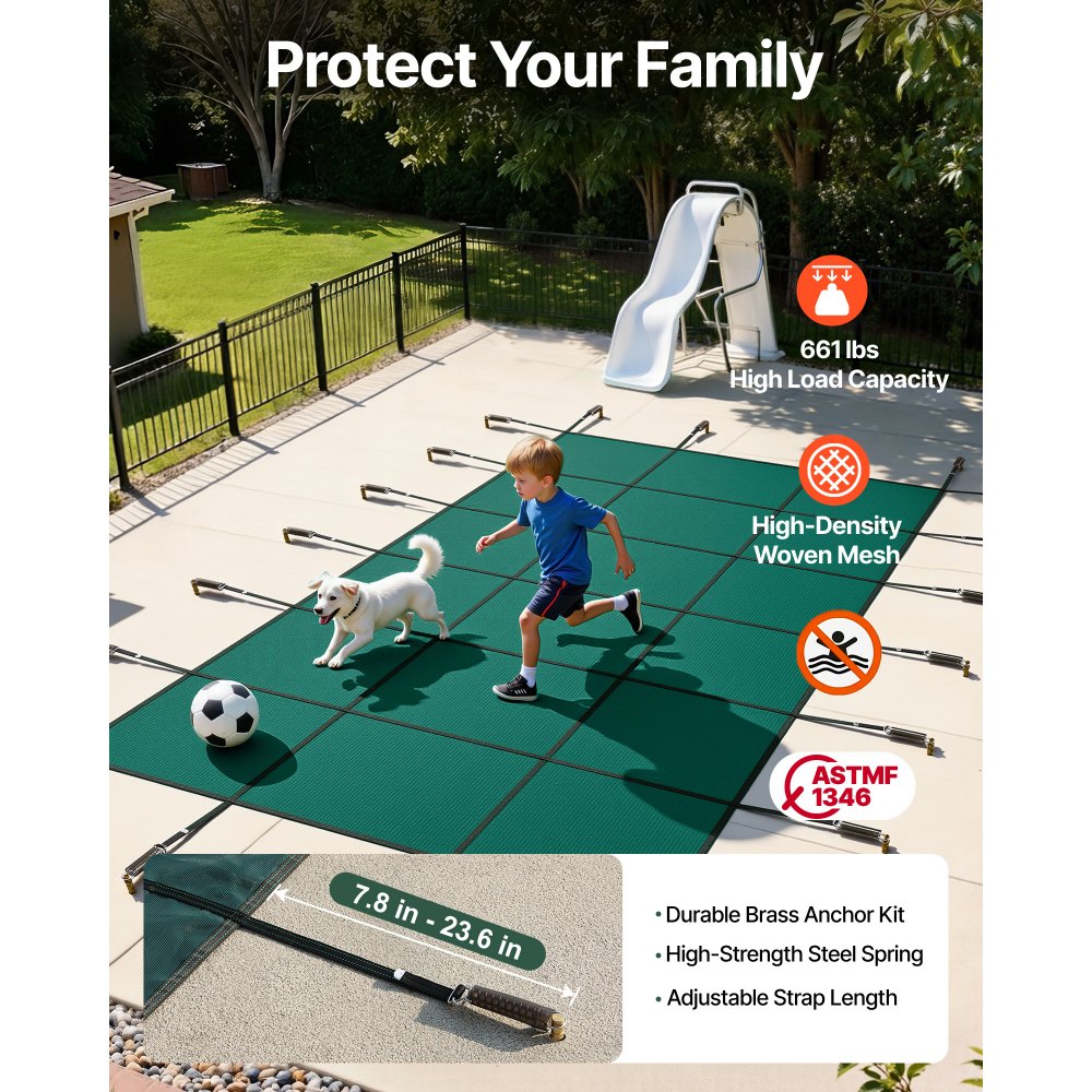 VEVOR Inground Pool Safety Cover, 16 ft x 30 ft Rectangular Winter Pool Cover, Triple Stitched, High Strength Mesh PP Material with Good Rain Permeability, Installation Hardware Included, Green