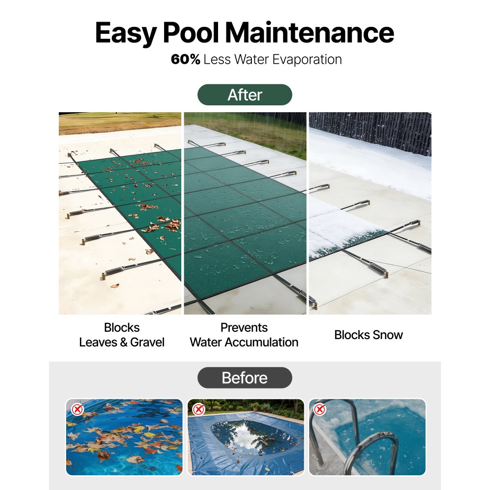VEVOR Inground Pool Safety Cover, 16 ft x 30 ft Rectangular Winter Pool Cover, Triple Stitched, High Strength Mesh PP Material with Good Rain Permeability, Installation Hardware Included, Green