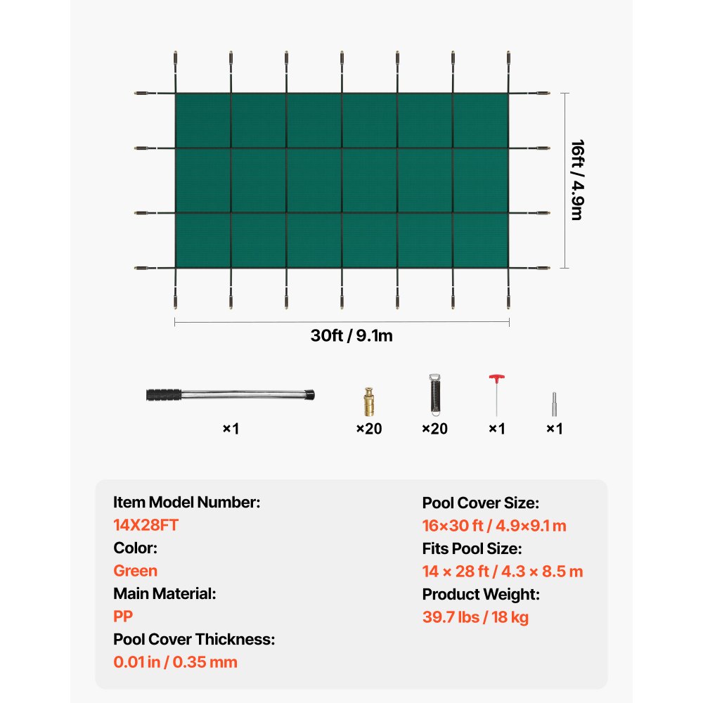 VEVOR Inground Pool Safety Cover, 16 ft x 30 ft Rectangular Winter Pool Cover, Triple Stitched, High Strength Mesh PP Material with Good Rain Permeability, Installation Hardware Included, Green