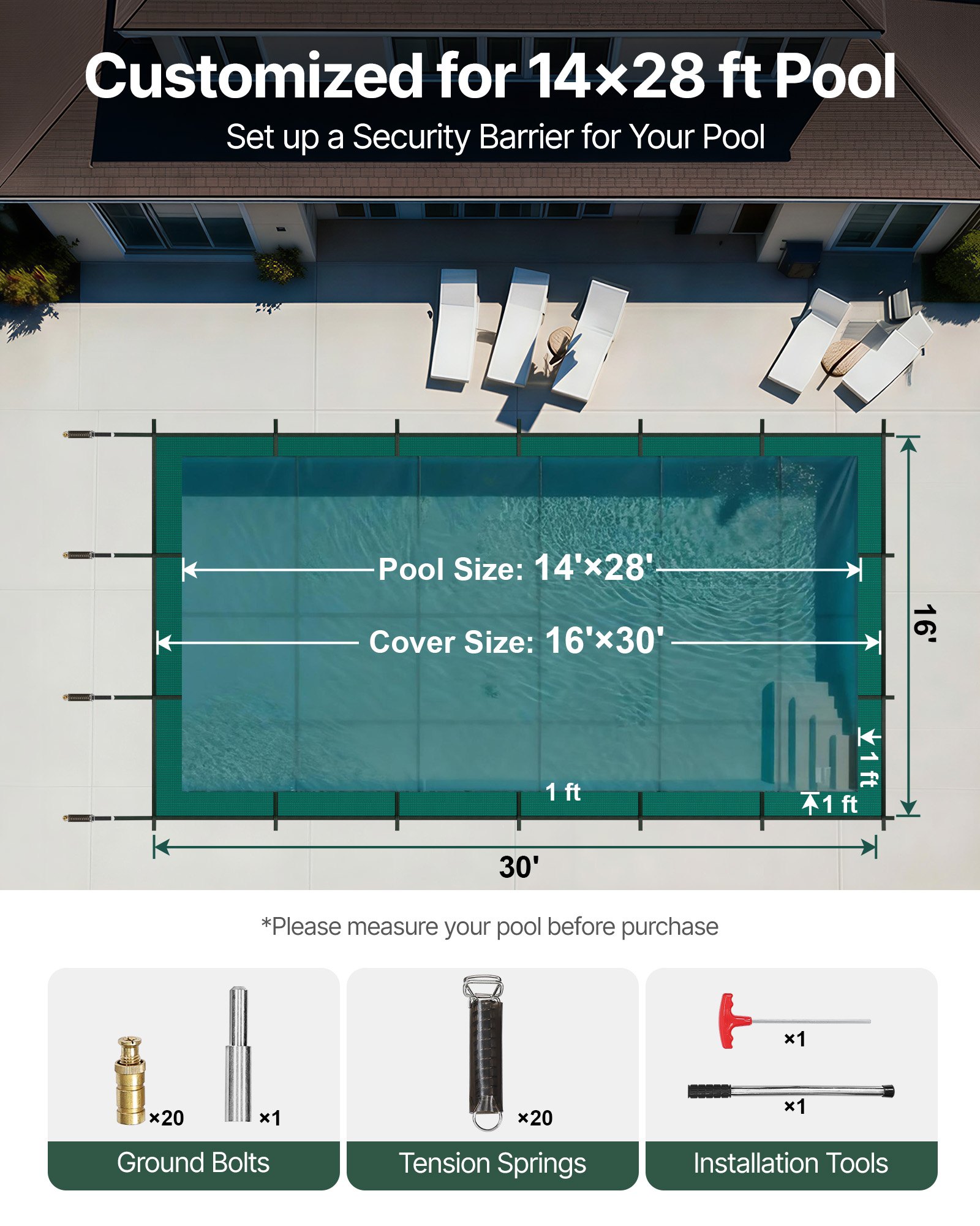 VEVOR Inground Pool Safety Cover, 16 ft x 30 ft Rectangular Winter Pool Cover, Triple Stitched, High Strength Mesh PP Material with Good Rain Permeability, Installation Hardware Included, Green