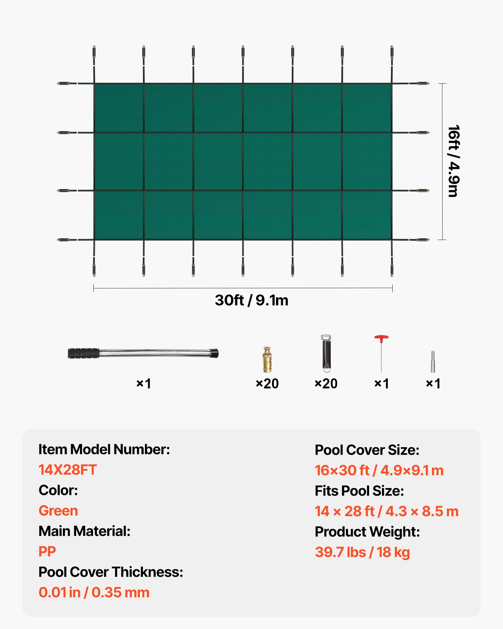 VEVOR Inground Pool Safety Cover, 16 ft x 30 ft Rectangular Winter Pool Cover, Triple Stitched, High Strength Mesh PP Material with Good Rain Permeability, Installation Hardware Included, Green