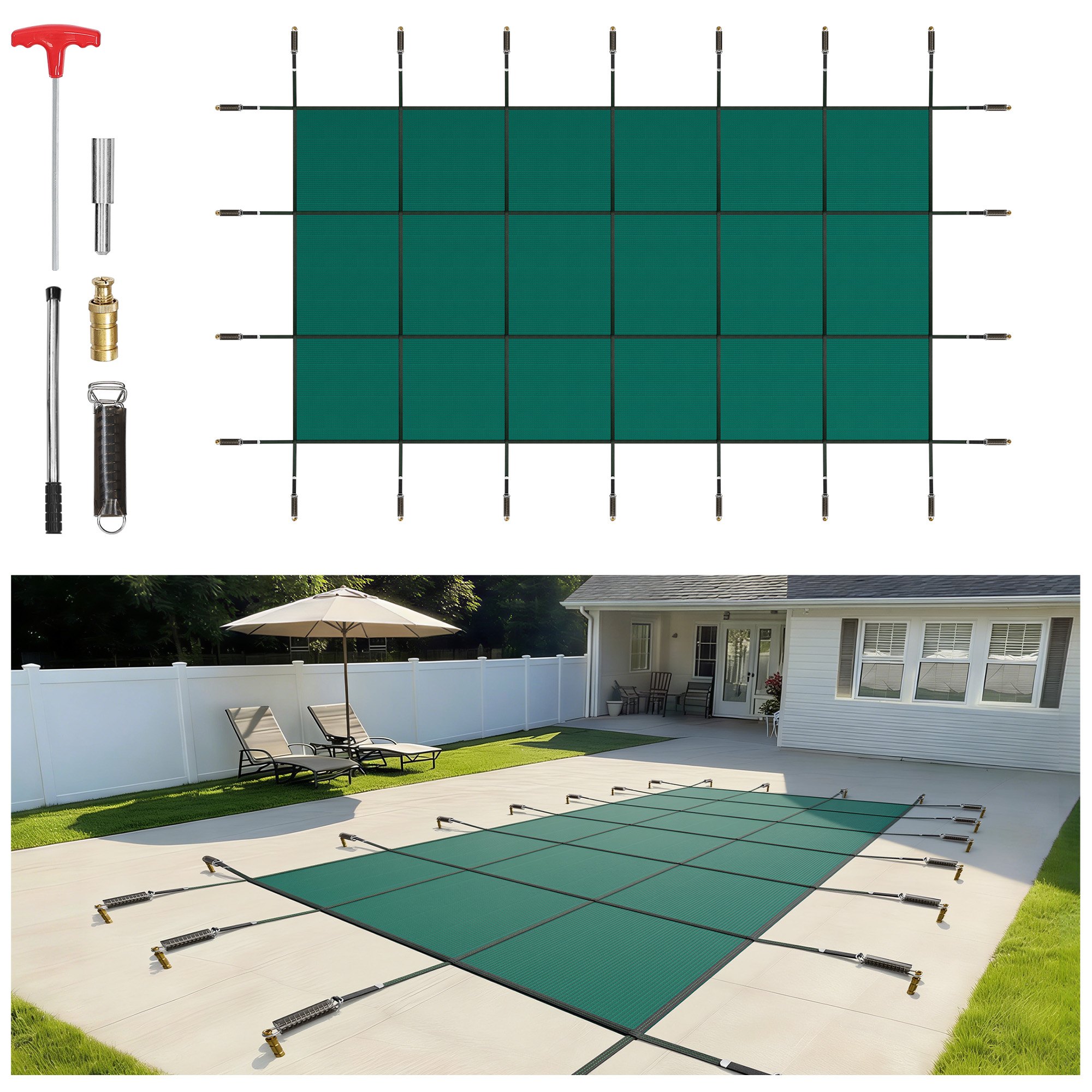 Cubierta de seguridad para piscinas enterradas VEVOR, rectangular de 4,8 m x 9,1 m, para invierno, triple costura, malla de PP de alta resistencia con buena permeabilidad a la lluvia, incluye accesorios de instalación, color verde.