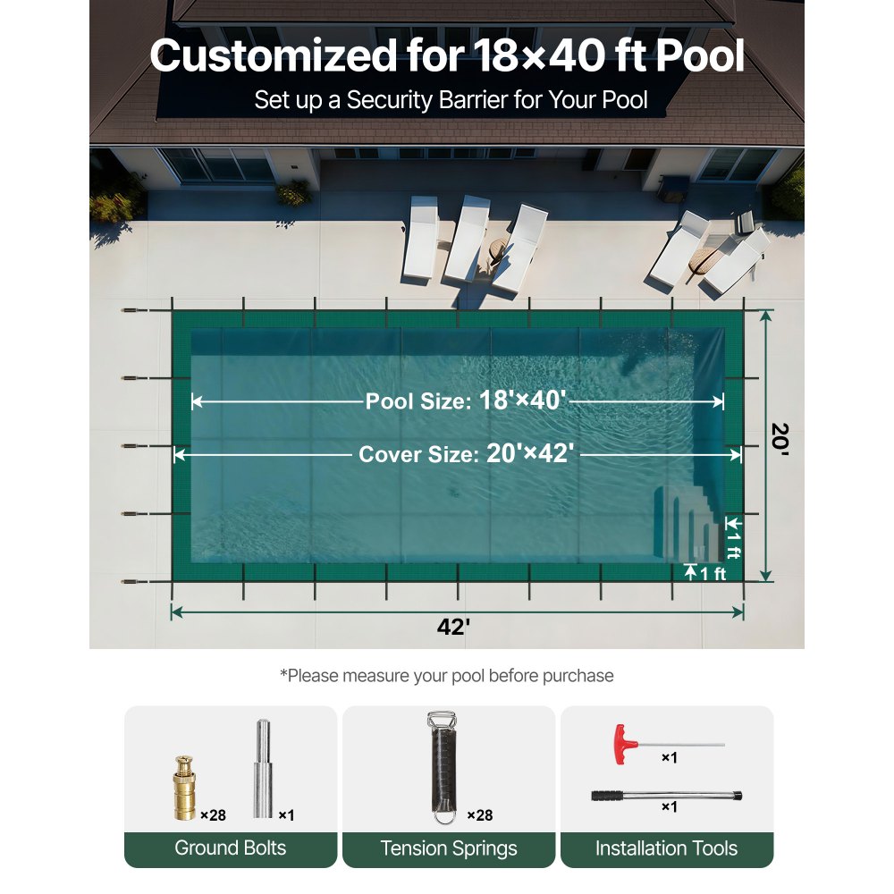 VEVOR - Cubierta de seguridad para piscina enterrada (6 m x 12,8 m), rectangular, para invierno, con triple costura, malla PP de alta resistencia y buena permeabilidad a la lluvia, incluye herrajes de instalación, color verde