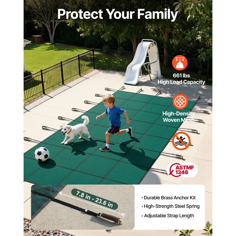 VEVOR - Cubierta de seguridad para piscina enterrada (6 m x 12,8 m), rectangular, para invierno, con triple costura, malla PP de alta resistencia y buena permeabilidad a la lluvia, incluye herrajes de instalación, color verde
