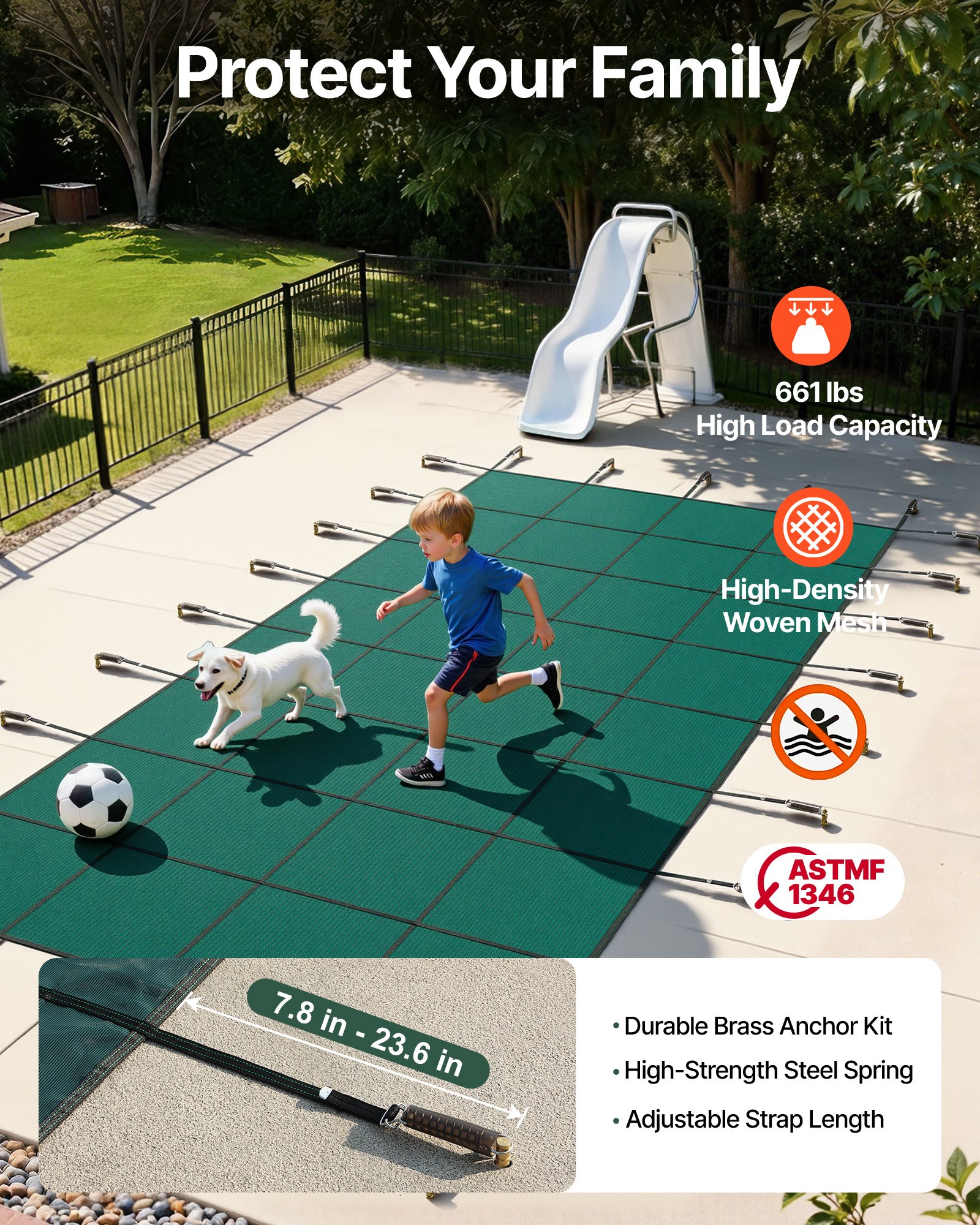 VEVOR - Cubierta de seguridad para piscina enterrada (6 m x 12,8 m), rectangular, para invierno, con triple costura, malla PP de alta resistencia y buena permeabilidad a la lluvia, incluye herrajes de instalación, color verde