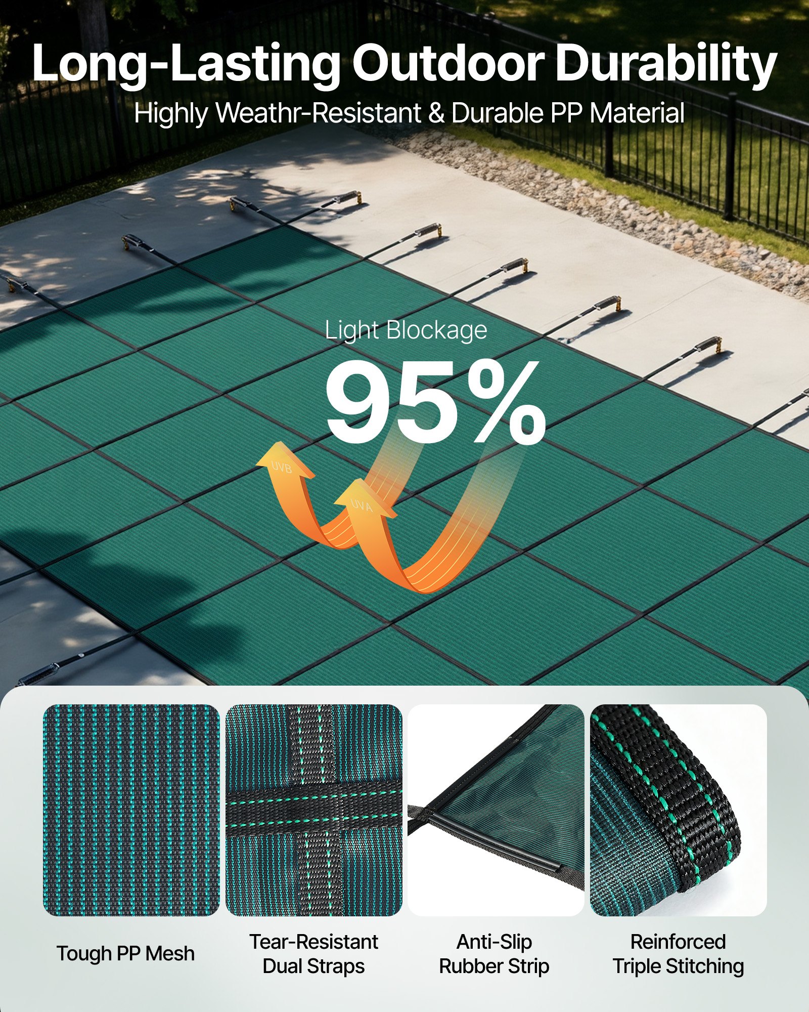 Cubierta de seguridad para piscinas enterradas VEVOR, rectangular, de 6 x 12,8 metros (20 pies x 42 pies), para invierno, con triple costura, fabricada en malla de polipropileno de alta resistencia con buena permeabilidad a la lluvia, incluye accesorios de instalación, color verde.