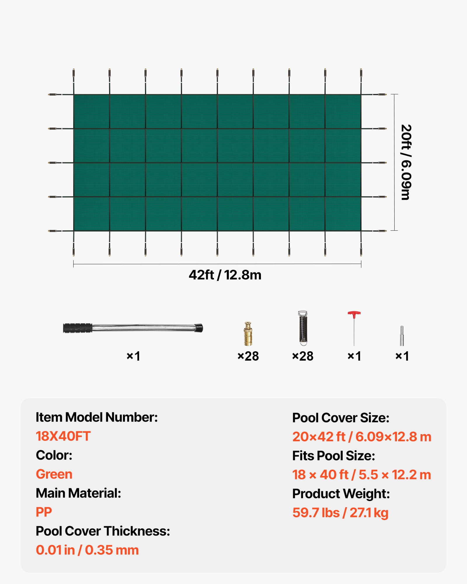 Cubierta de seguridad para piscinas enterradas VEVOR, rectangular, de 6 x 12,8 metros (20 pies x 42 pies), para invierno, con triple costura, fabricada en malla de polipropileno de alta resistencia con buena permeabilidad a la lluvia, incluye accesorios de instalación, color verde.